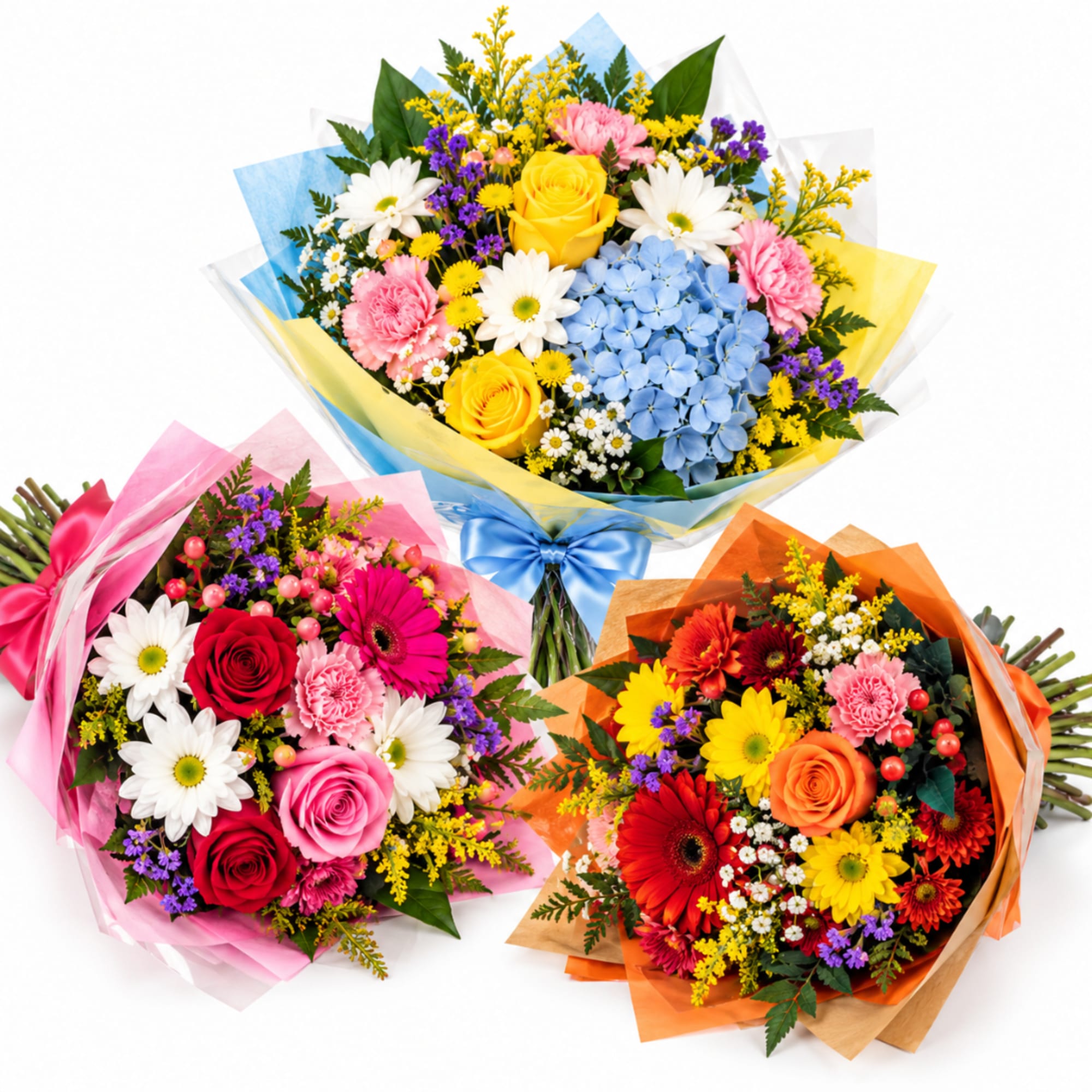 Three colorful mixed flower bouquets wrapped in pastel paper