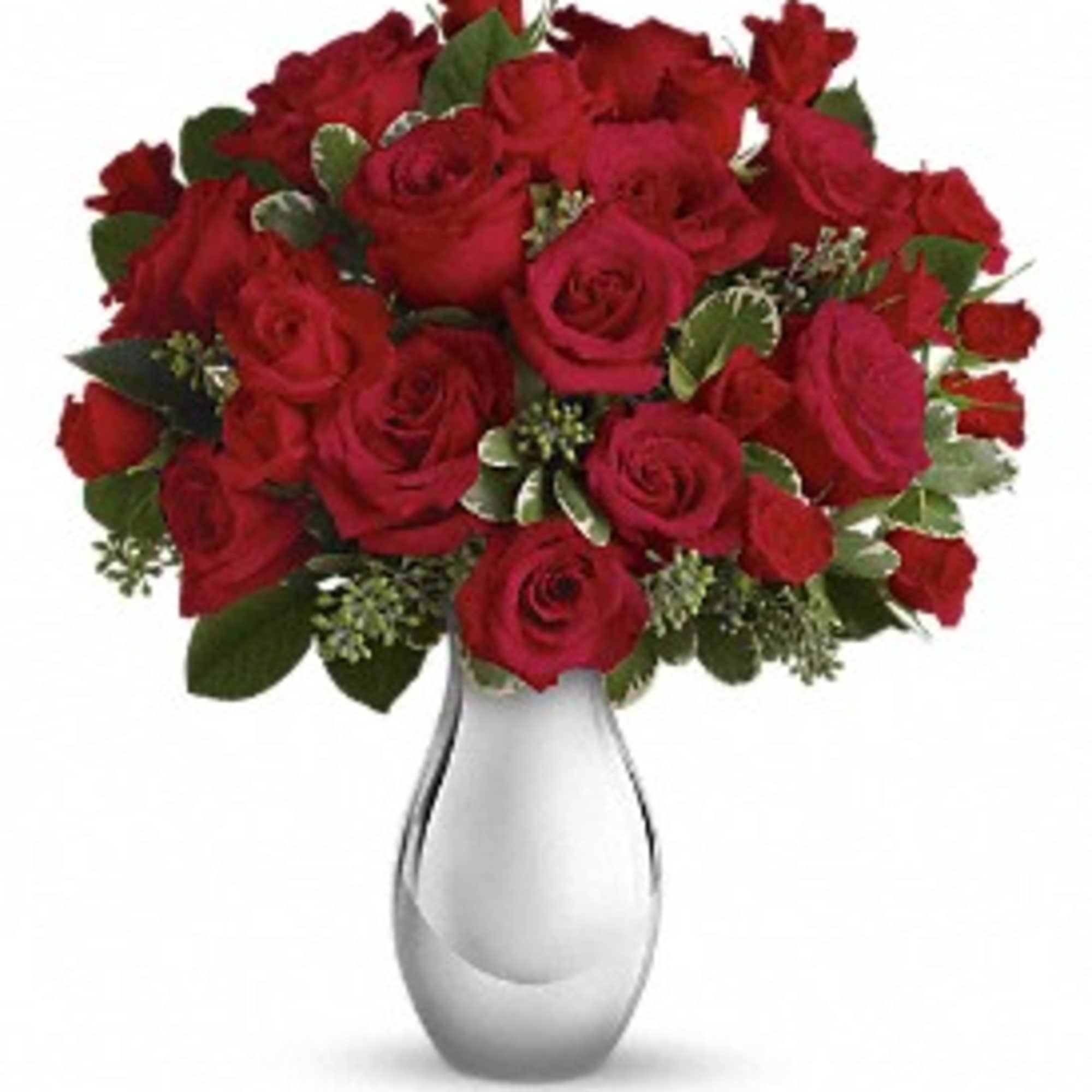 Red rose bouquet in a silver vase
