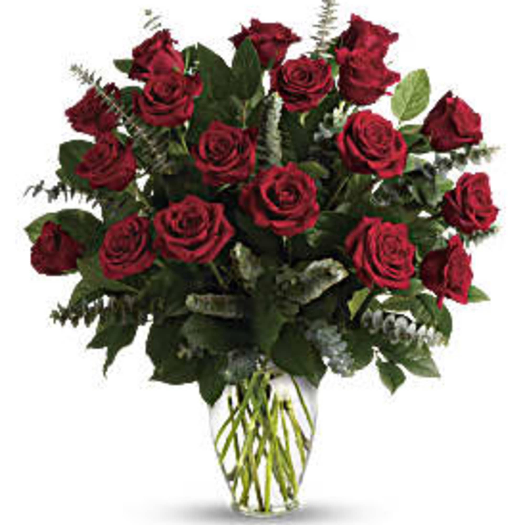 Bouquet of red roses in a clear glass vase