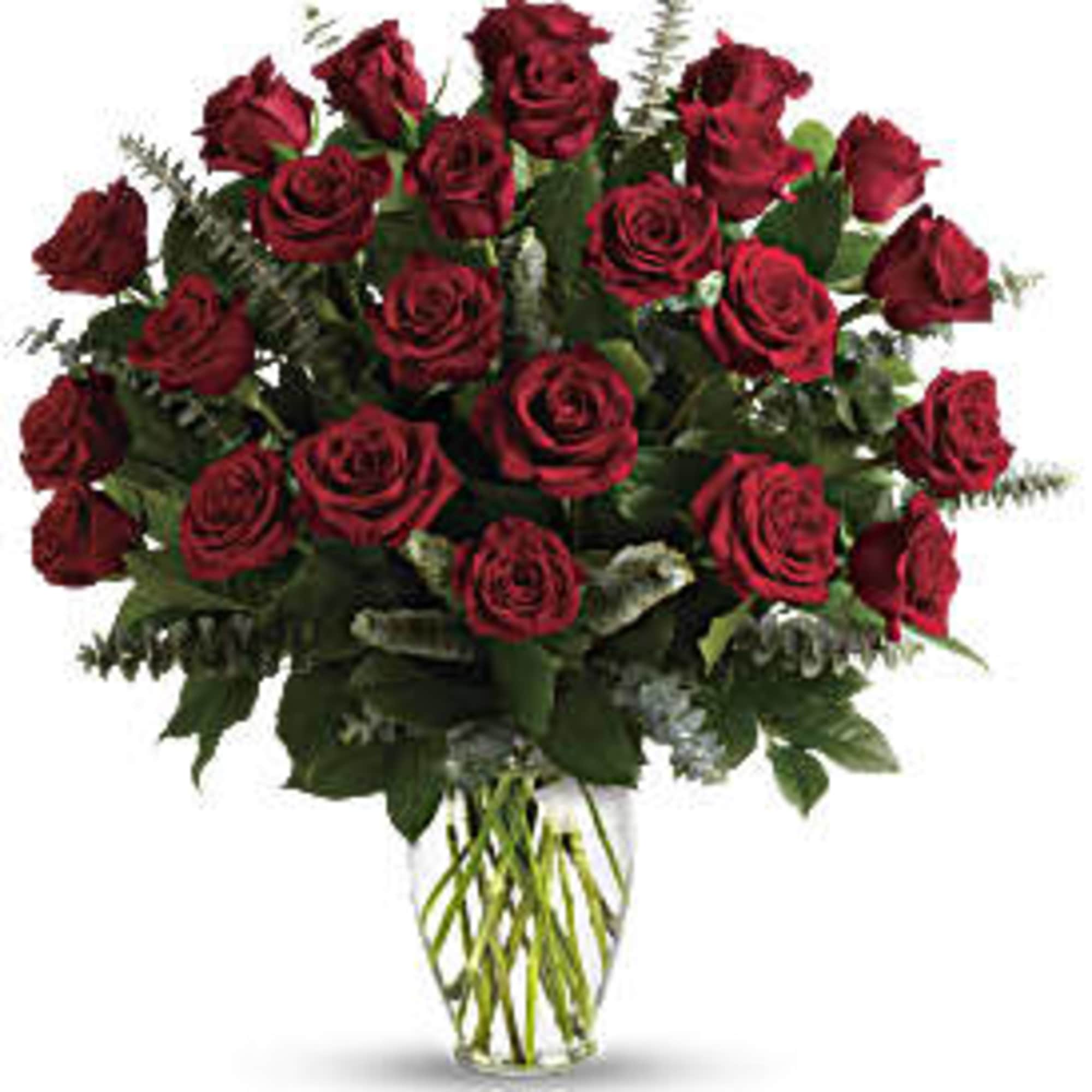 Bouquet of red roses in a clear glass vase