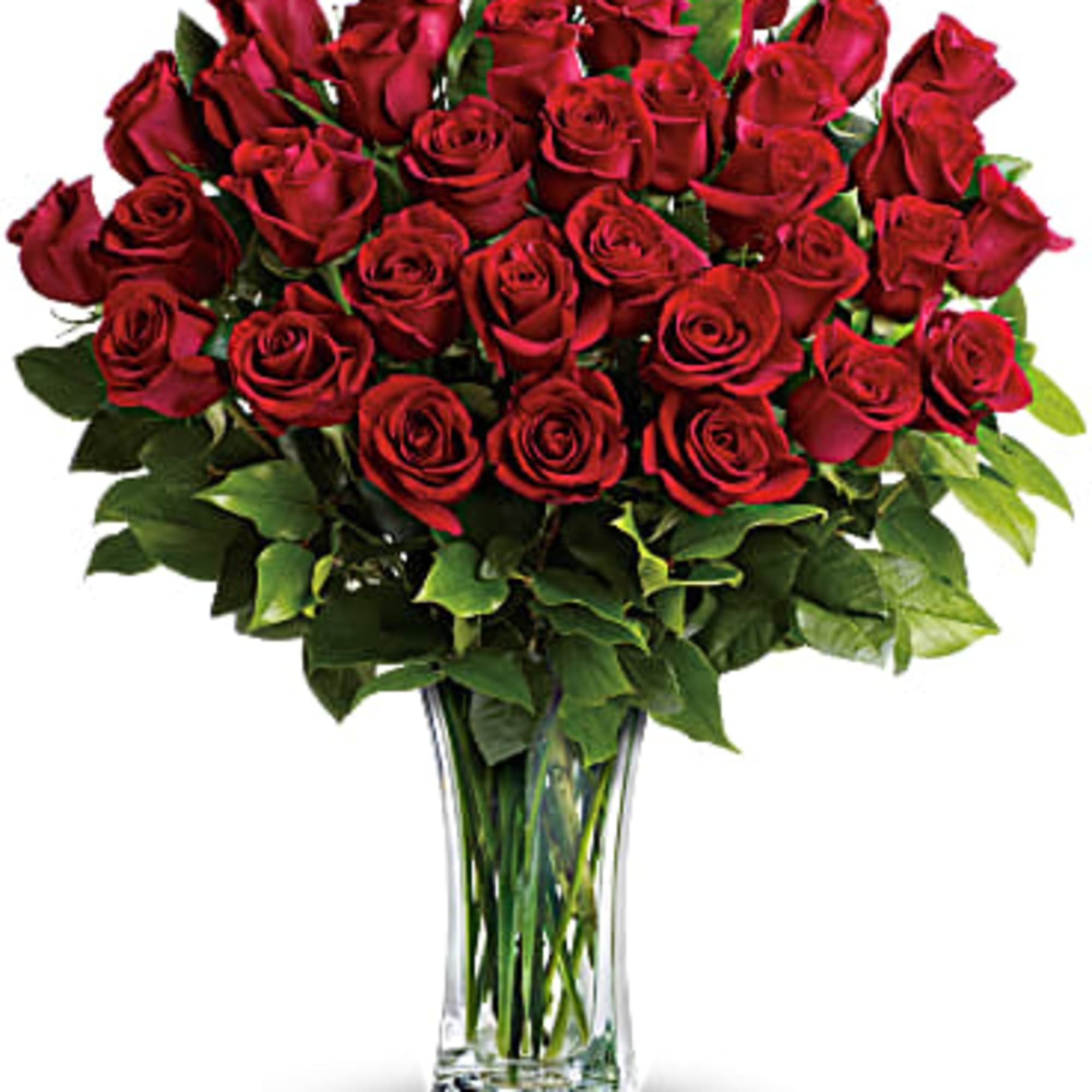 Bouquet of red roses in a clear glass vase