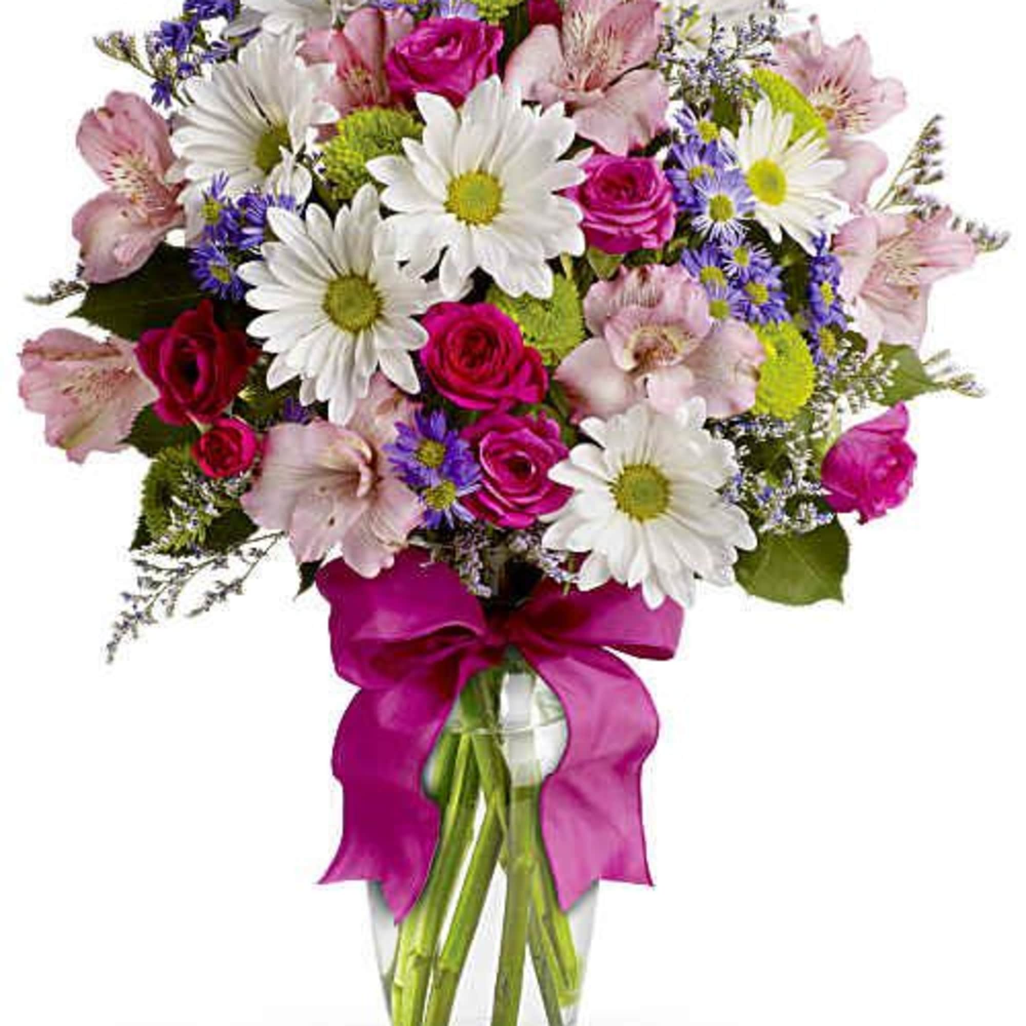 Bright white daisies brighten a lush mix of pink roses, pale pink