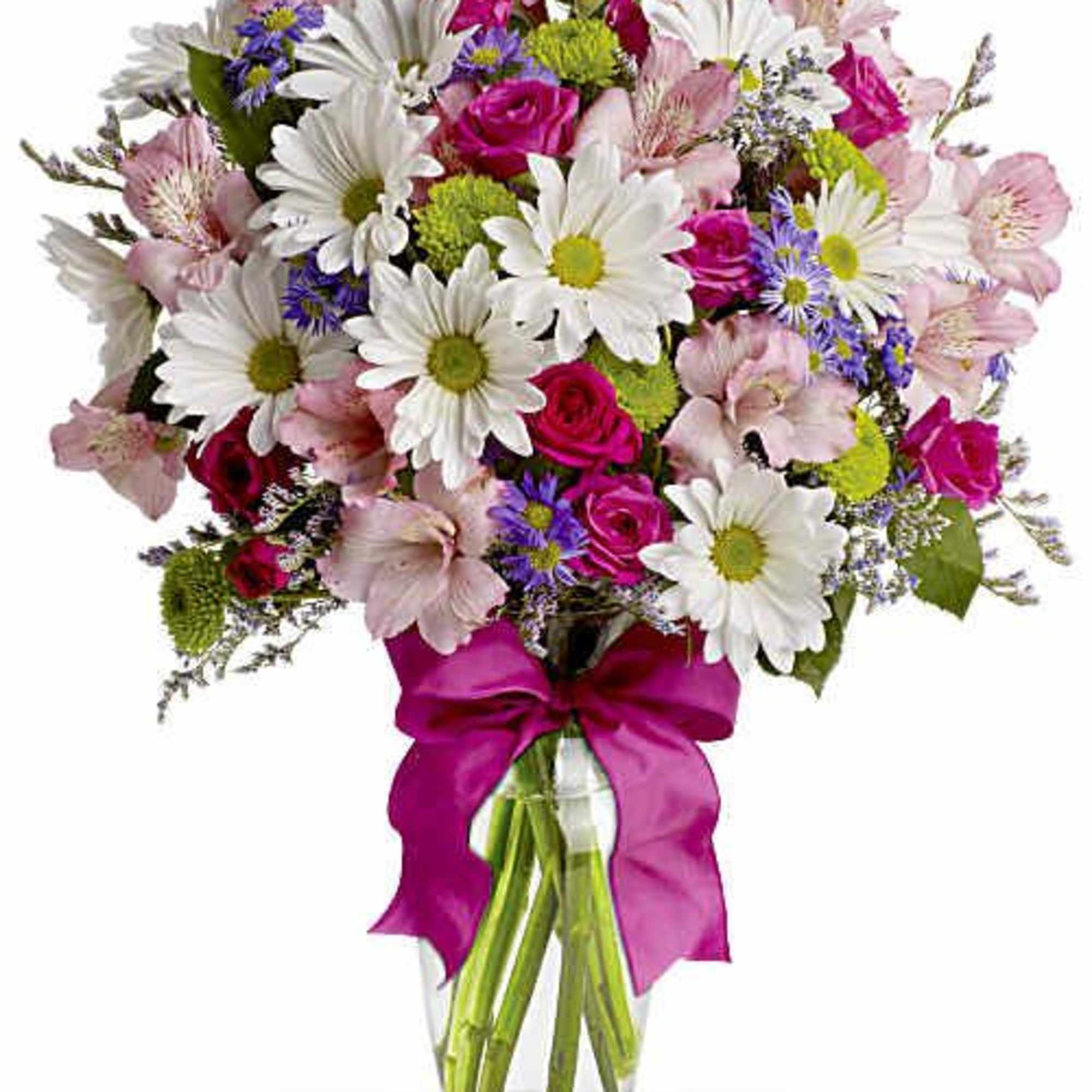 Bright white daisies brighten a lush mix of pink roses, pale pink