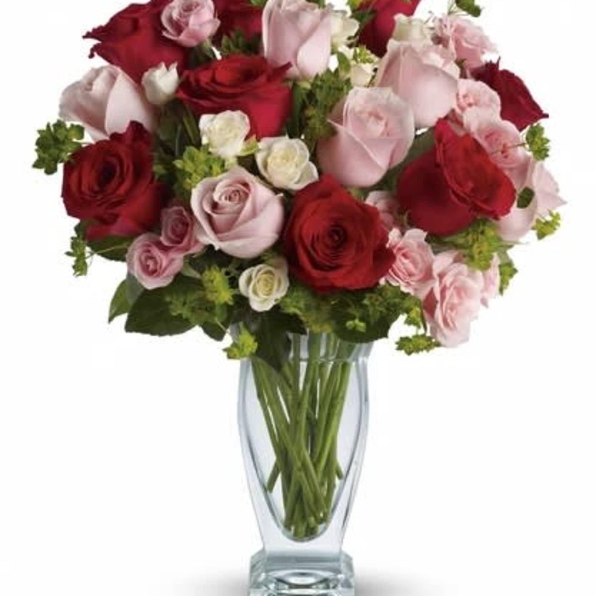Bouquet of red and pink roses in a clear glass vase, photo 2 of 3