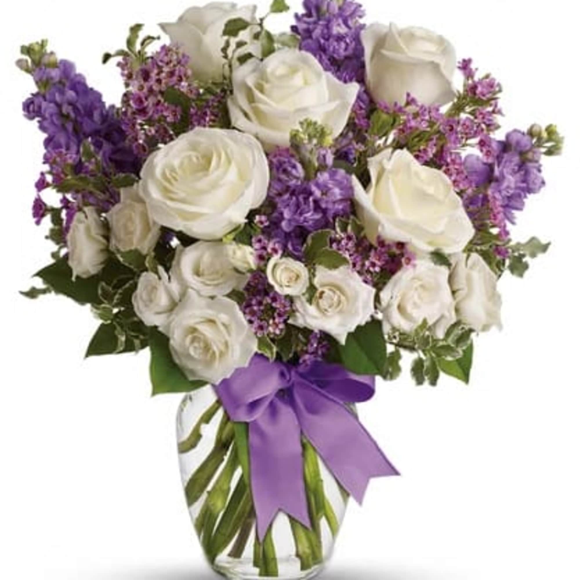White roses and purple flowers in a glass vase with a purple ribbon, photo 2 of 3
