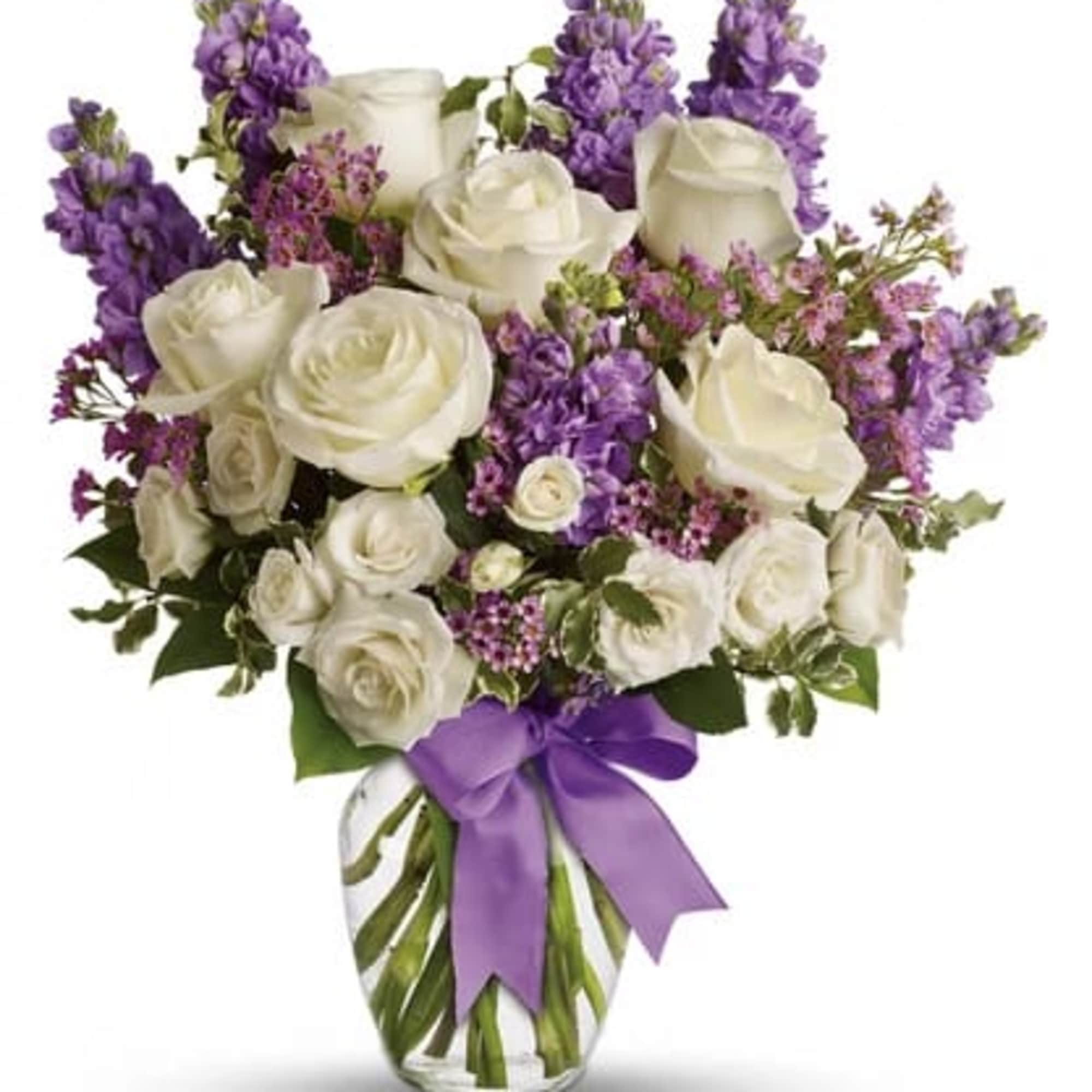 White roses and purple flowers in a glass vase with a purple ribbon, photo 3 of 3