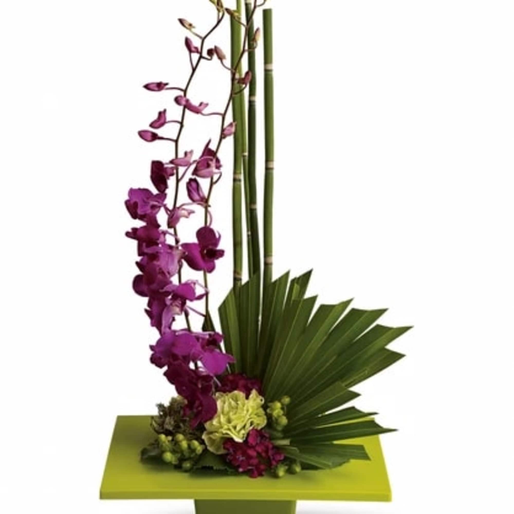 Purple orchid arrangement with bamboo and fan-shaped leaves in a green container