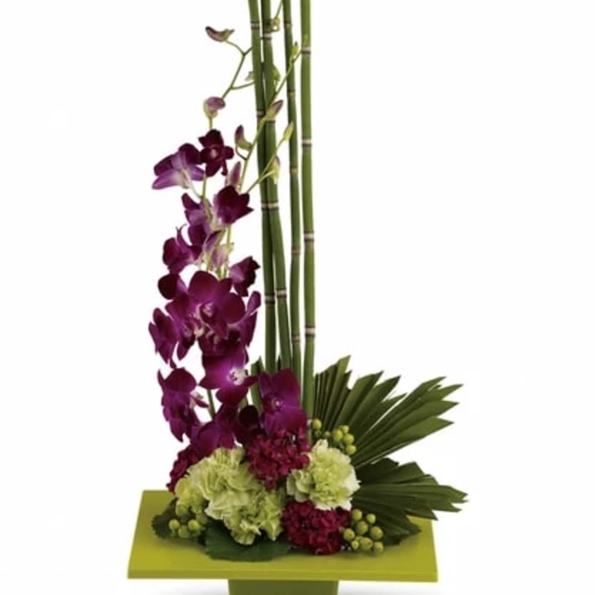 Purple orchids with green bamboo in a square vase