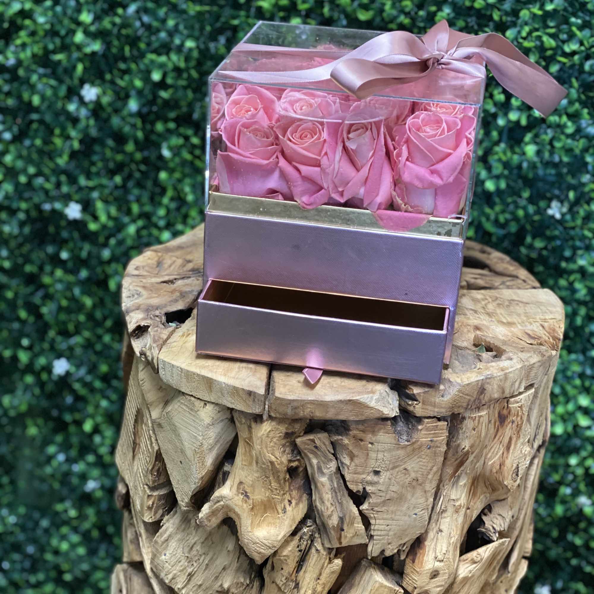 Pink roses in a clear gift box with a ribbon, photo 2 of 2
