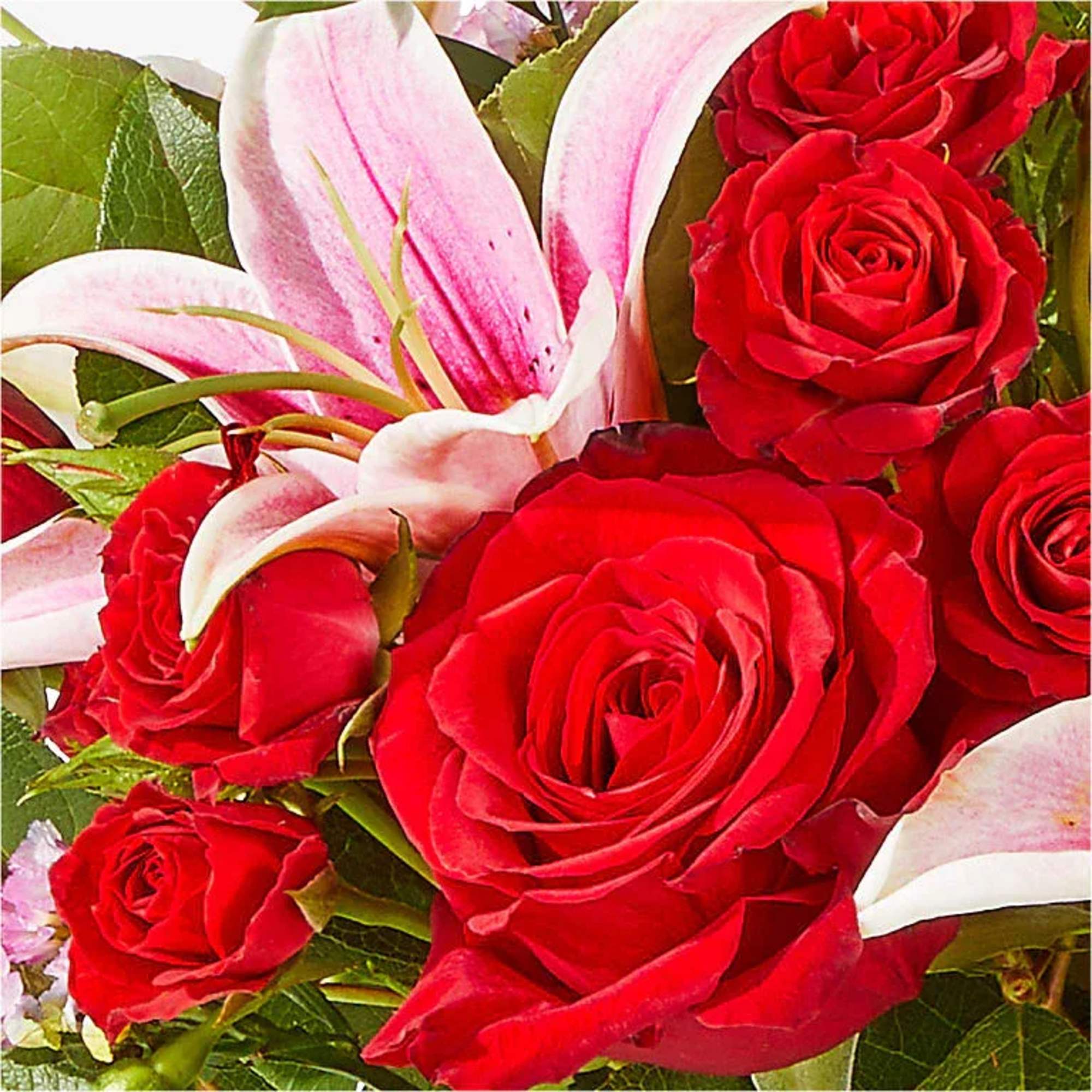 Red roses with pink lilies in a close-up bouquet