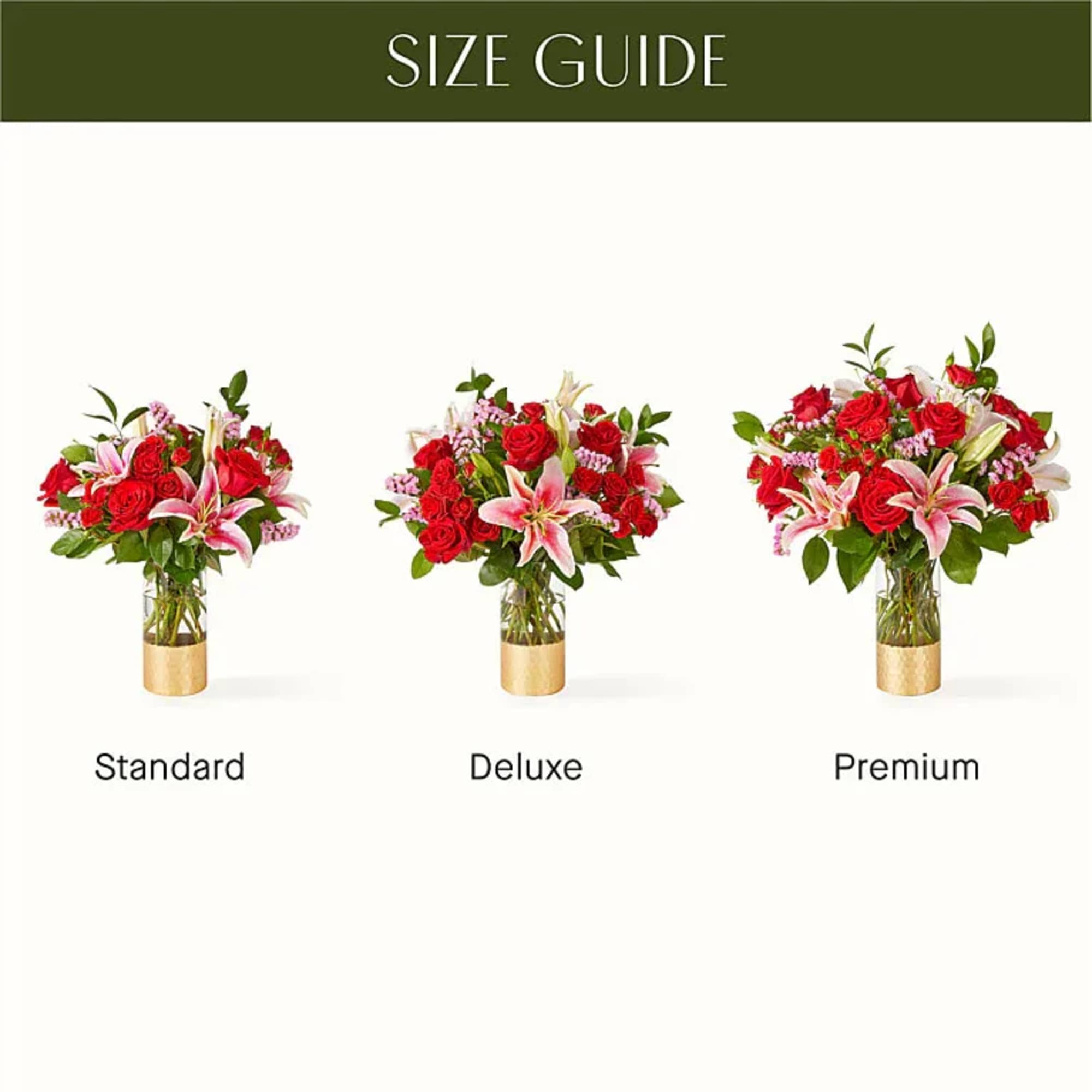 Three rose and lily bouquets in glass vases labeled standard, deluxe, and premium