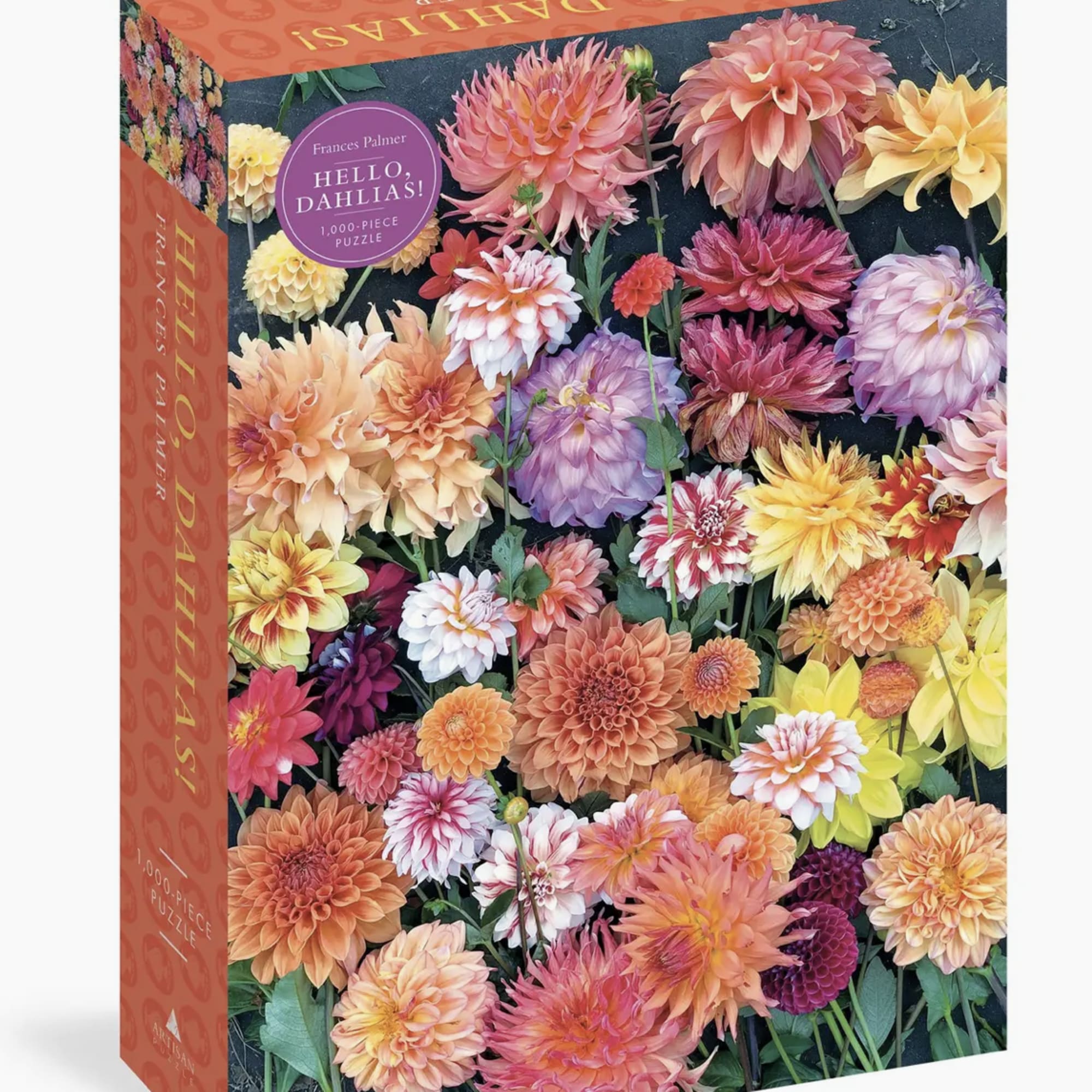 Box of a dahlia-themed 1000-piece puzzle with colorful flower photos