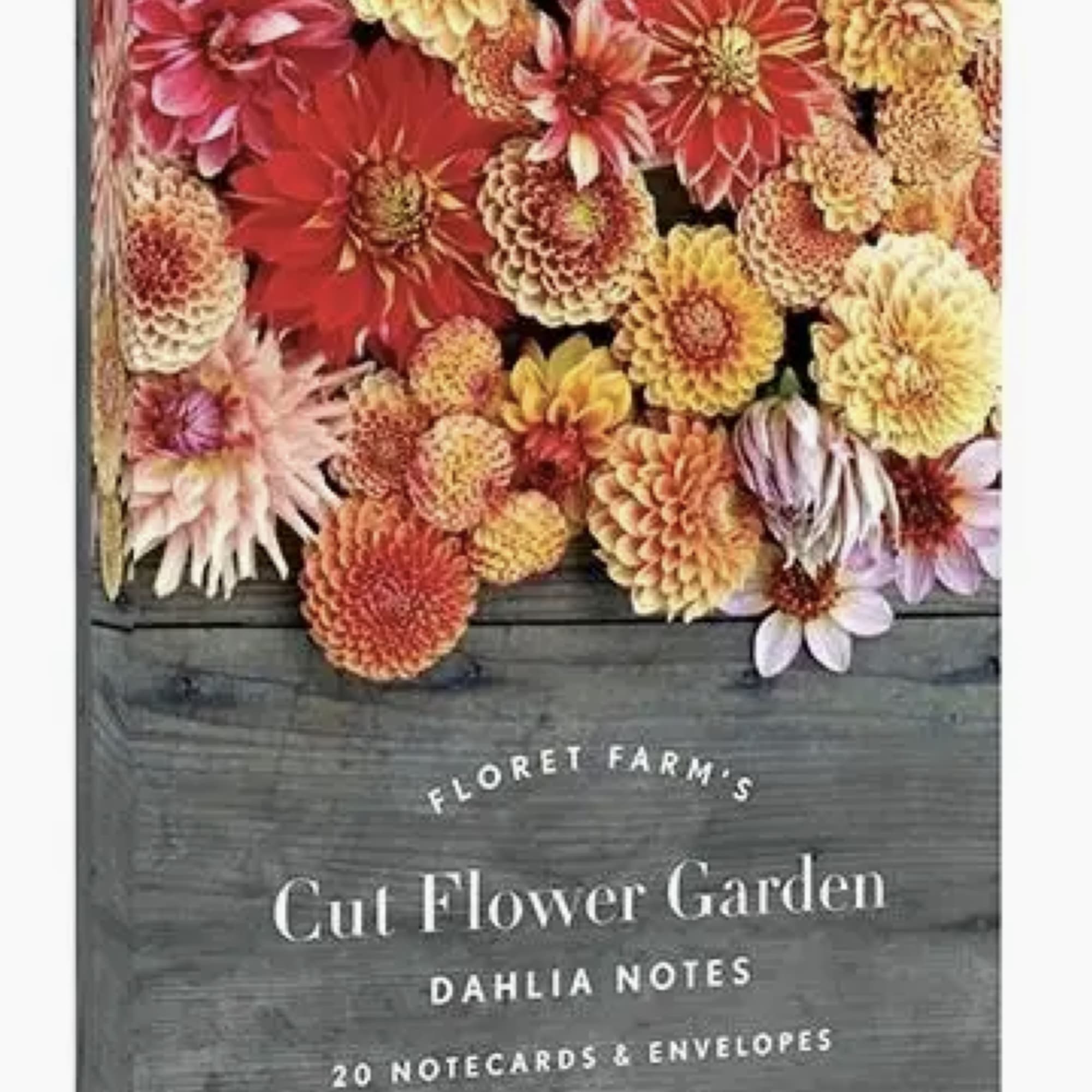 Box of dahlia notecards with colorful flower cover art