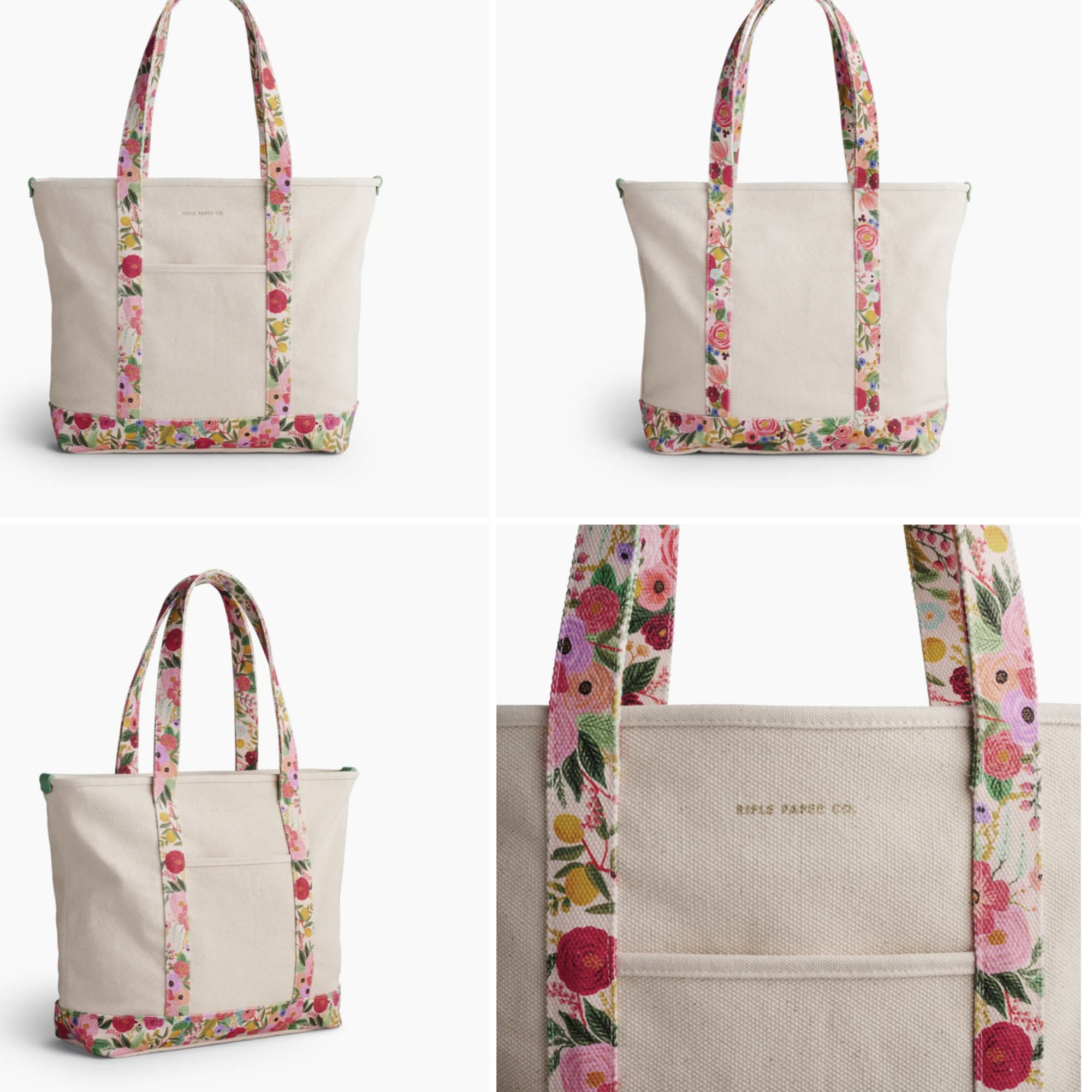 Canvas tote bag with floral-patterned handles and trim