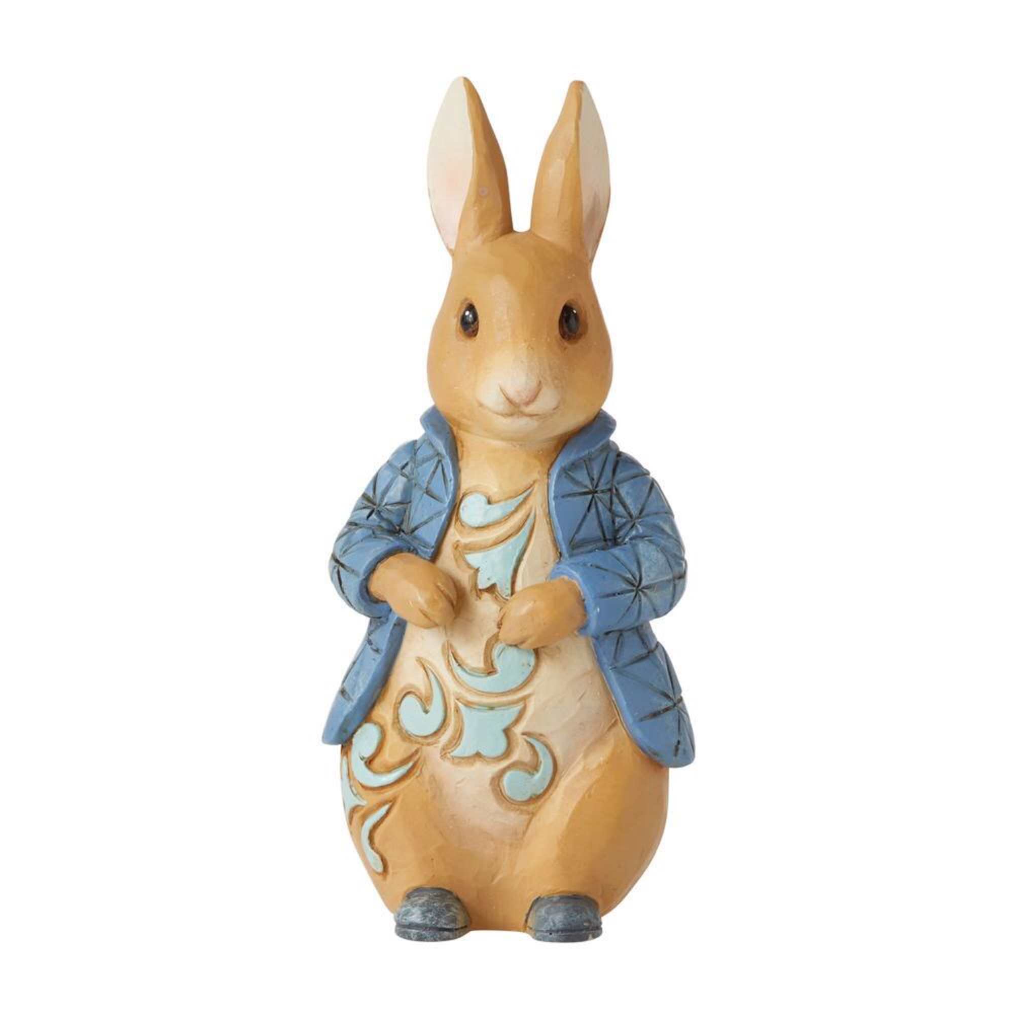 Decorative rabbit figurine wearing a blue jacket