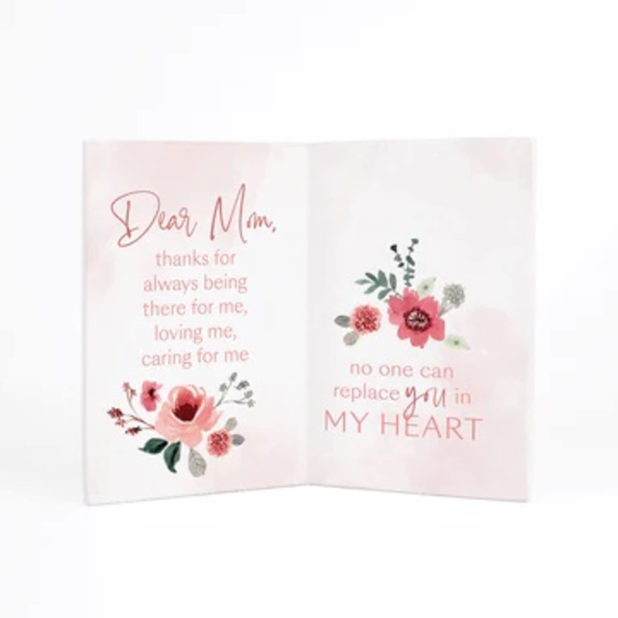Folded Mother’s Day card with pink floral illustrations and a thank-you message
