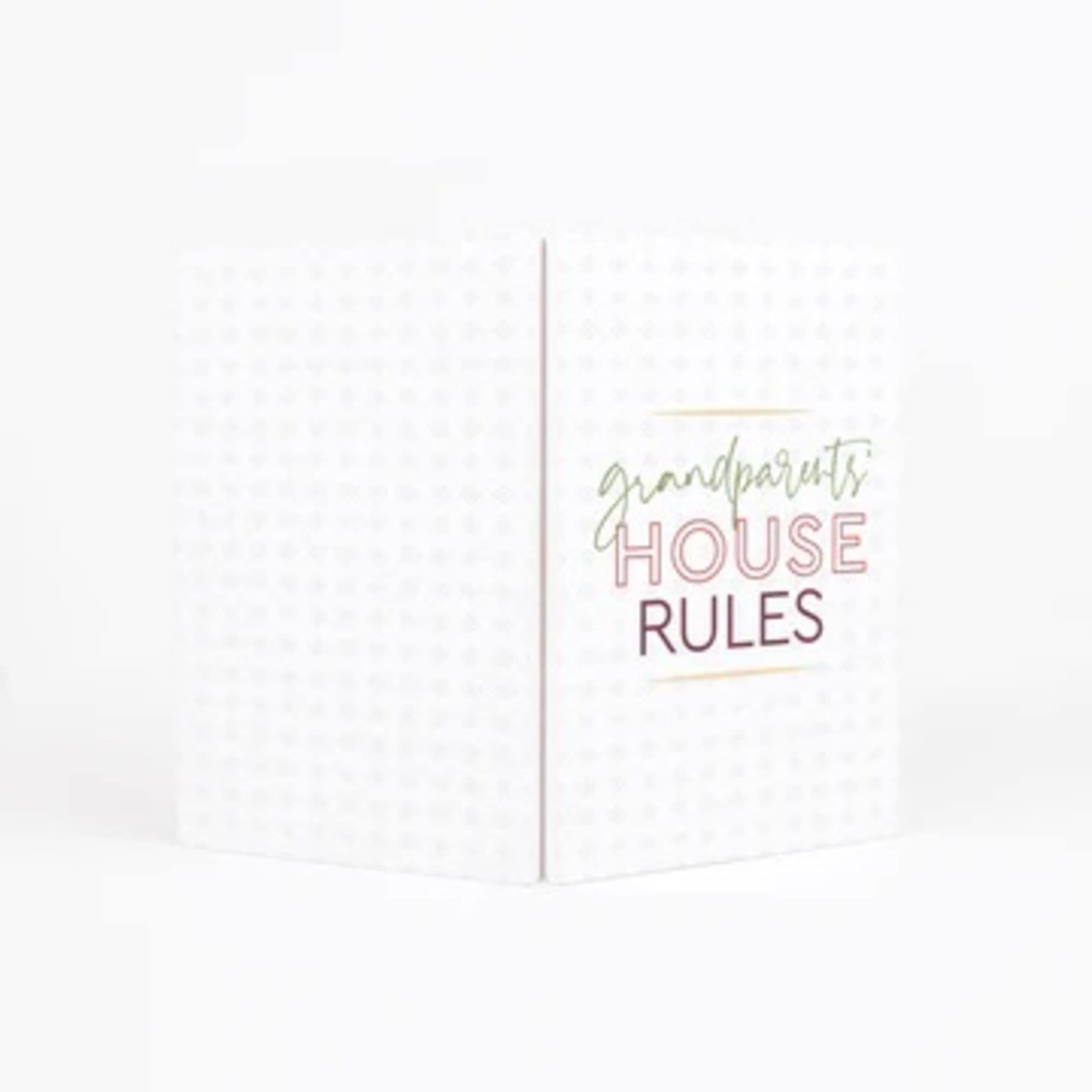 White folded card with the words "grandparents house rules"