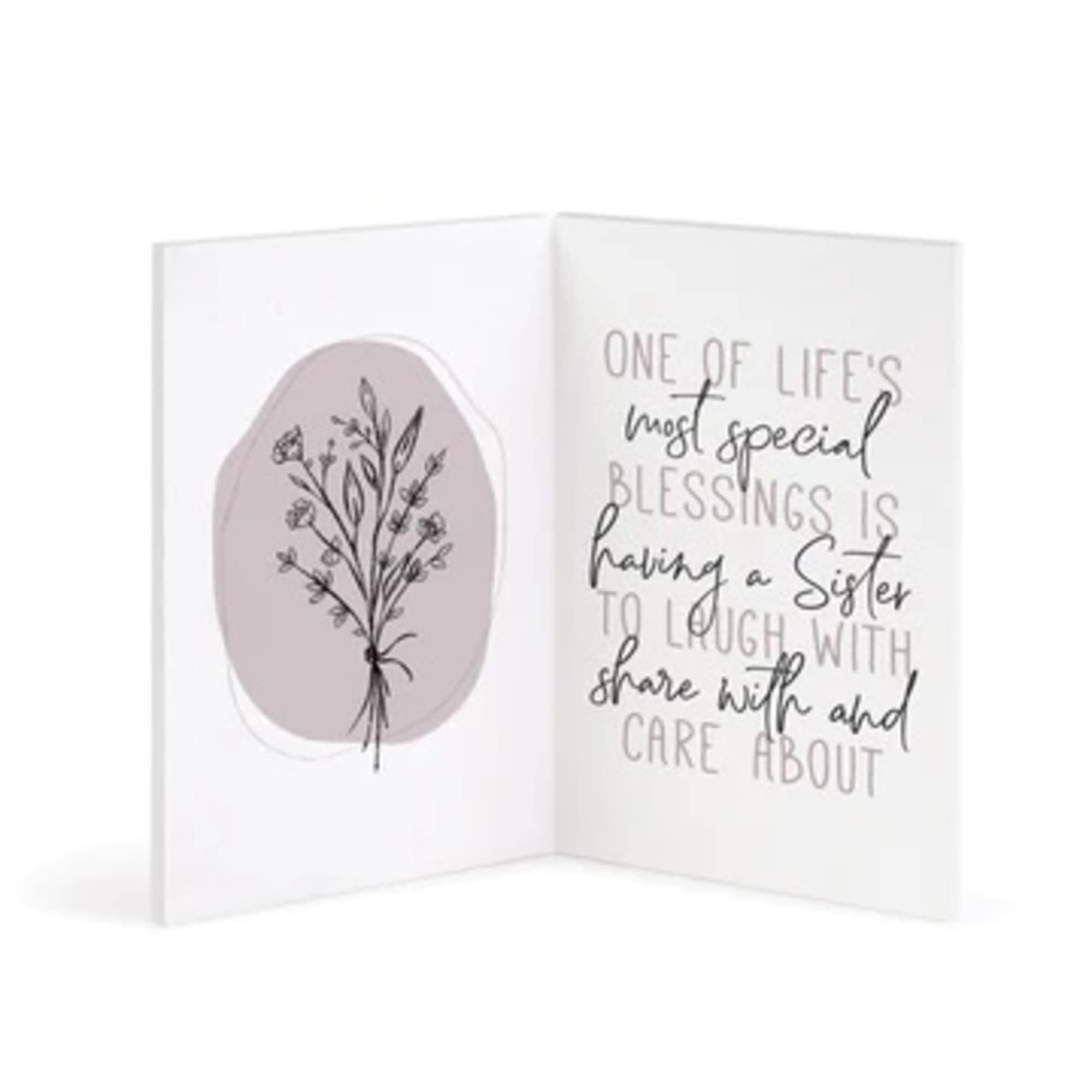 Folded greeting card with floral sketch and sister message