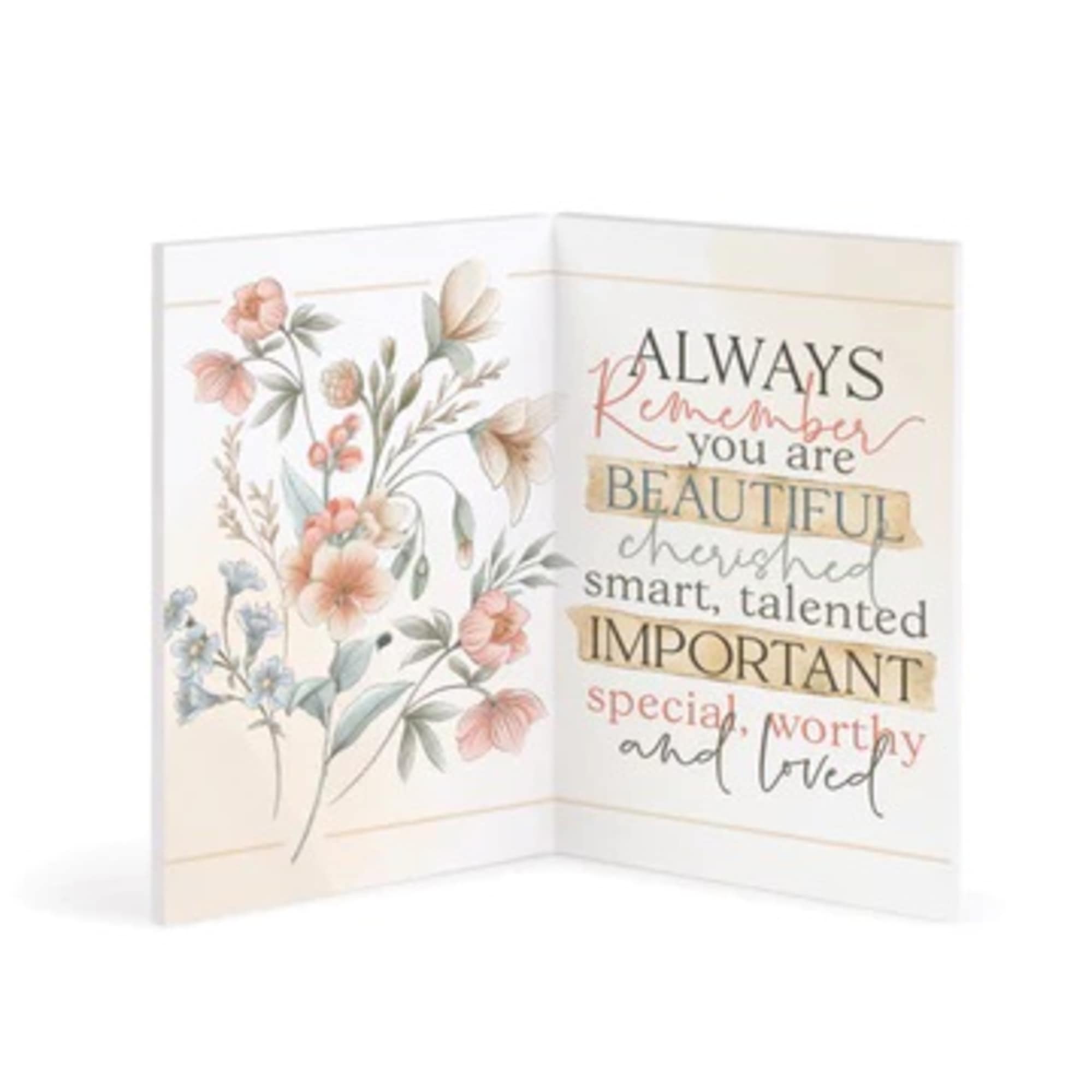 Folded greeting card with pastel floral artwork and an inspirational message