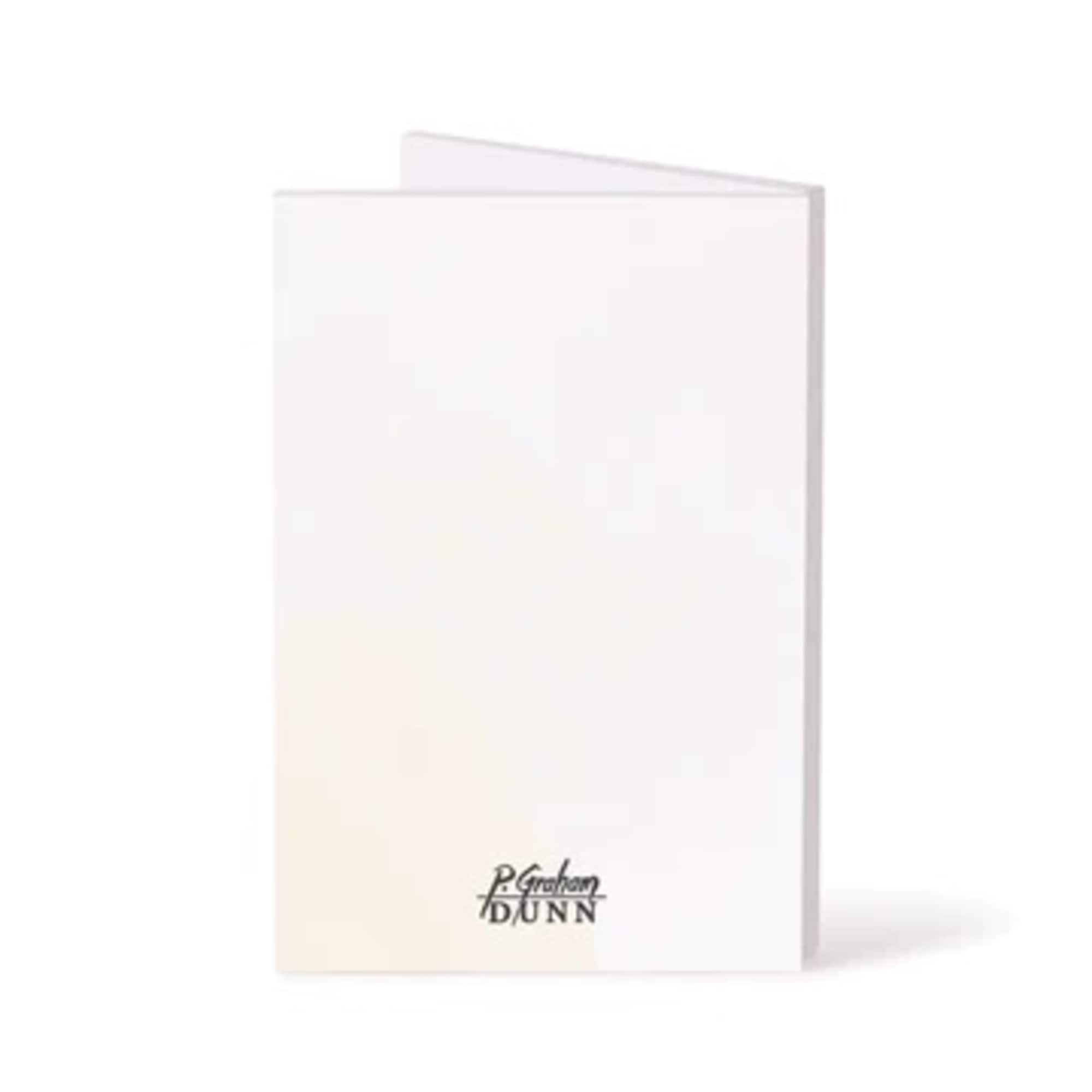 White folded greeting card with a small logo at the bottom
