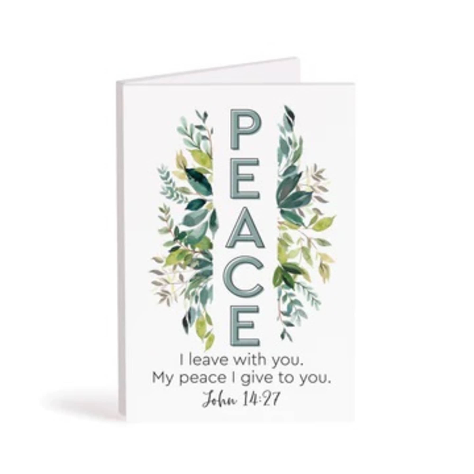 Greeting card with the word PEACE and leafy watercolor branches