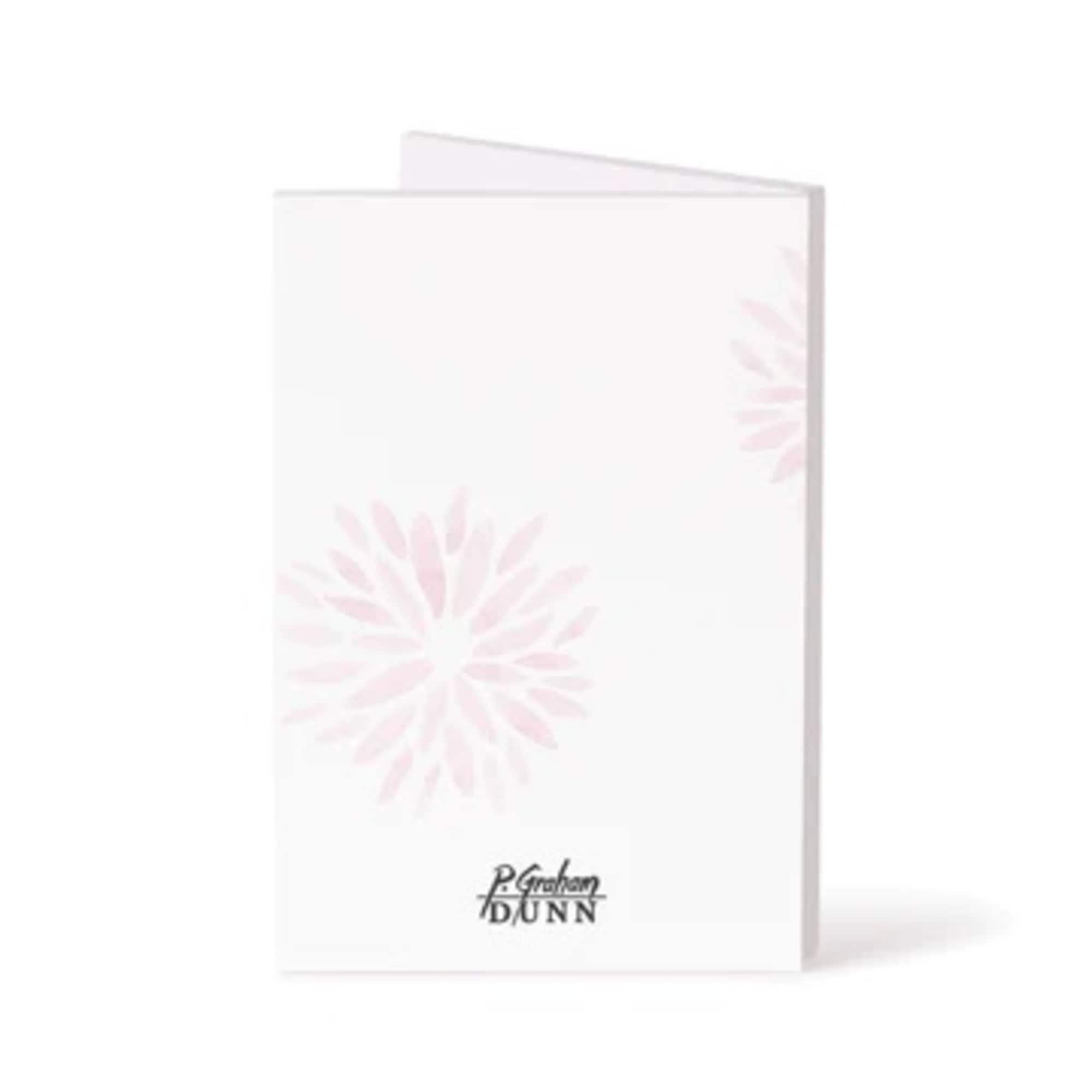 White greeting card with pale pink floral bursts and a P. Graham Dunn logo