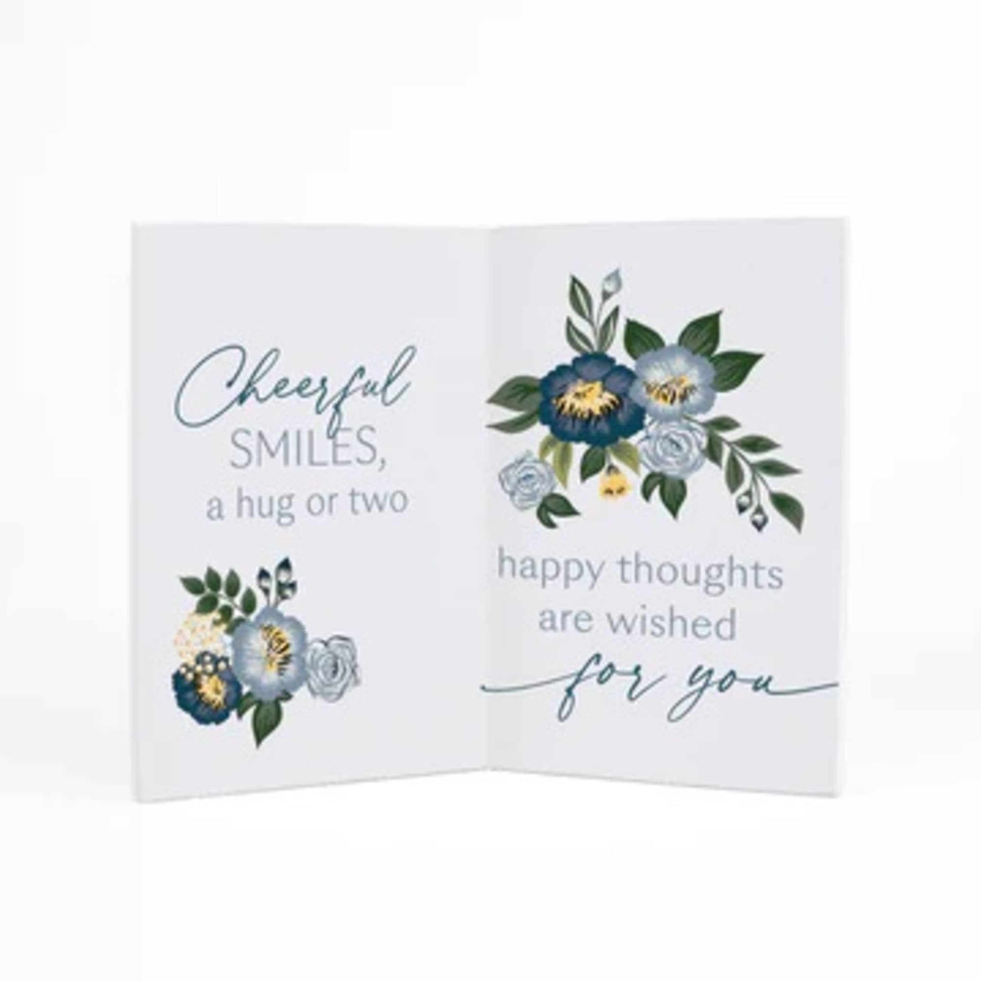 Folded greeting card with blue floral illustrations and a cheerful message