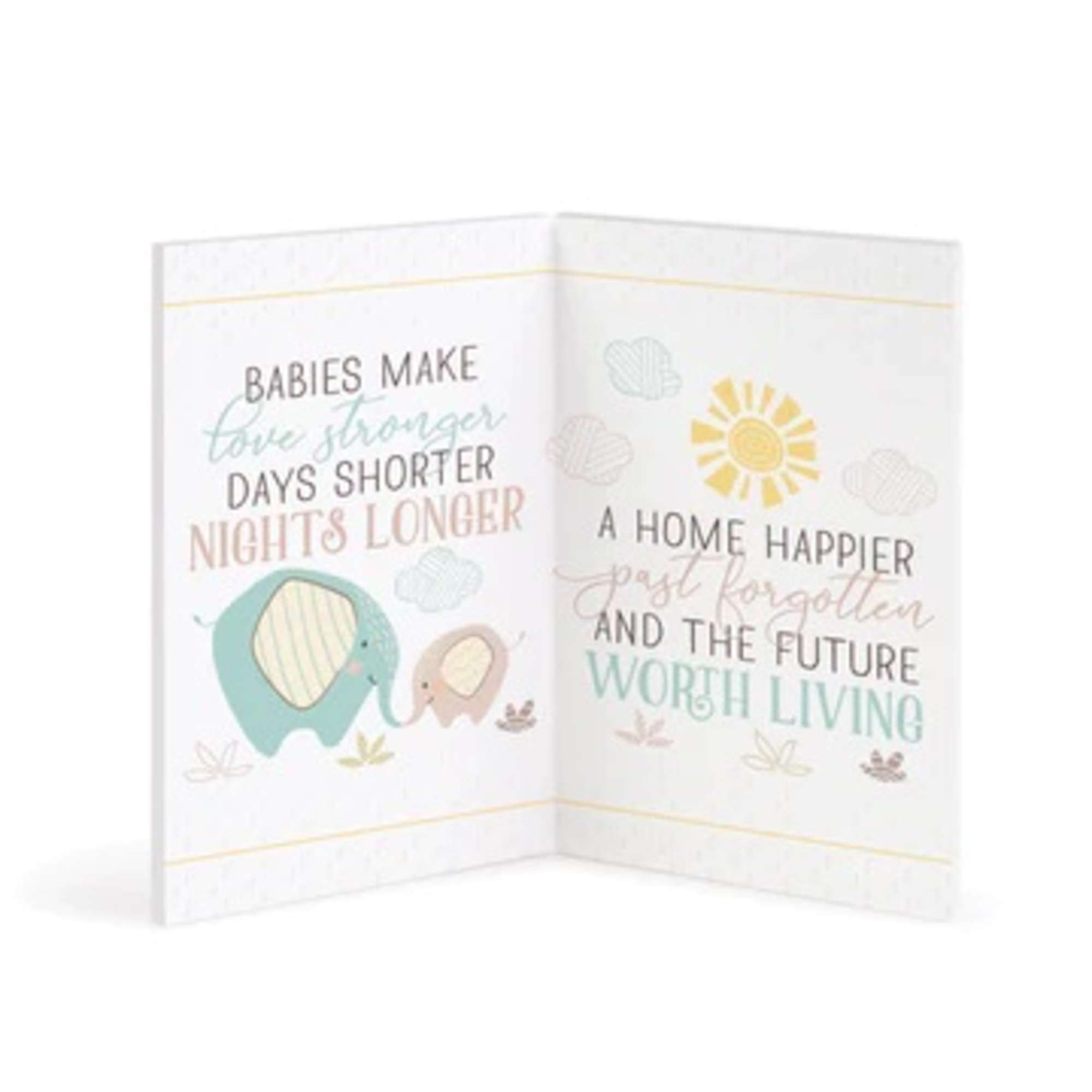 Folded baby card with pastel elephants and sun graphics