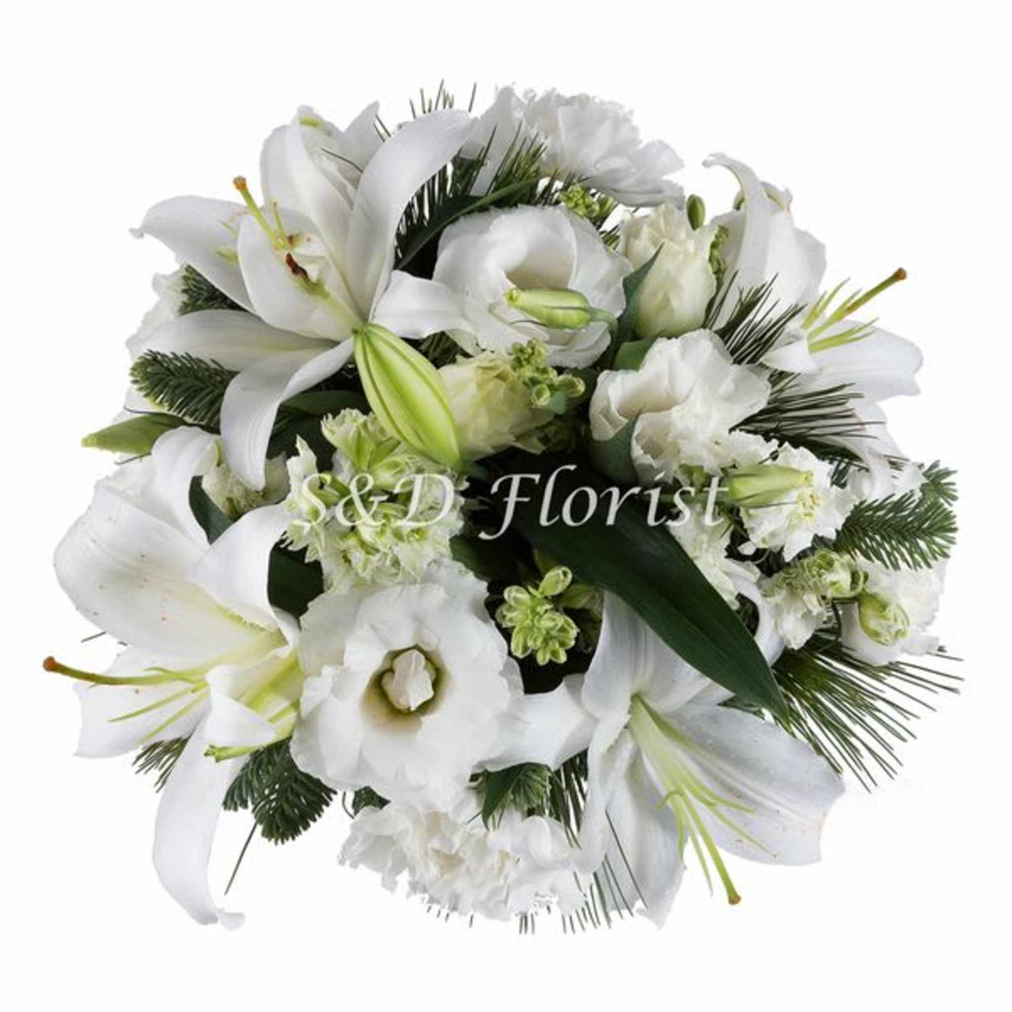 White lily and lisianthus bouquet with dark greenery