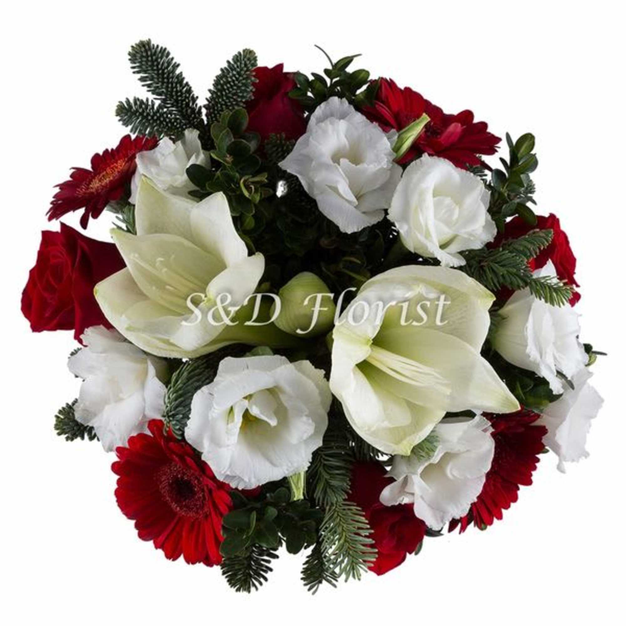 Red and white floral bouquet with mixed greenery