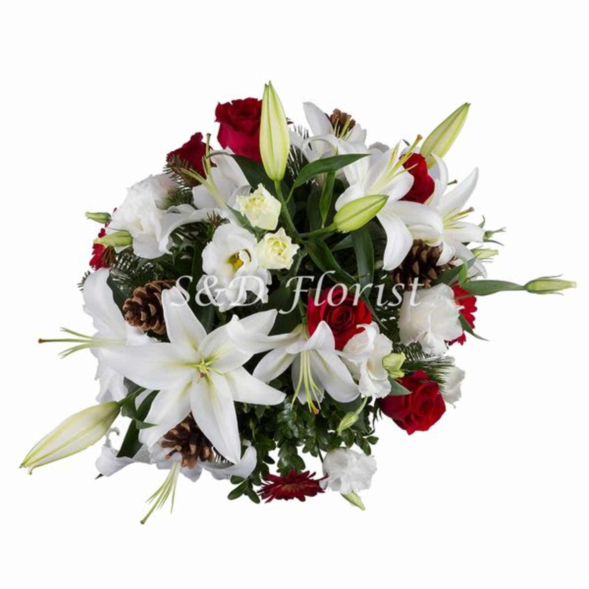 Bouquet of white lilies and red roses with pinecones