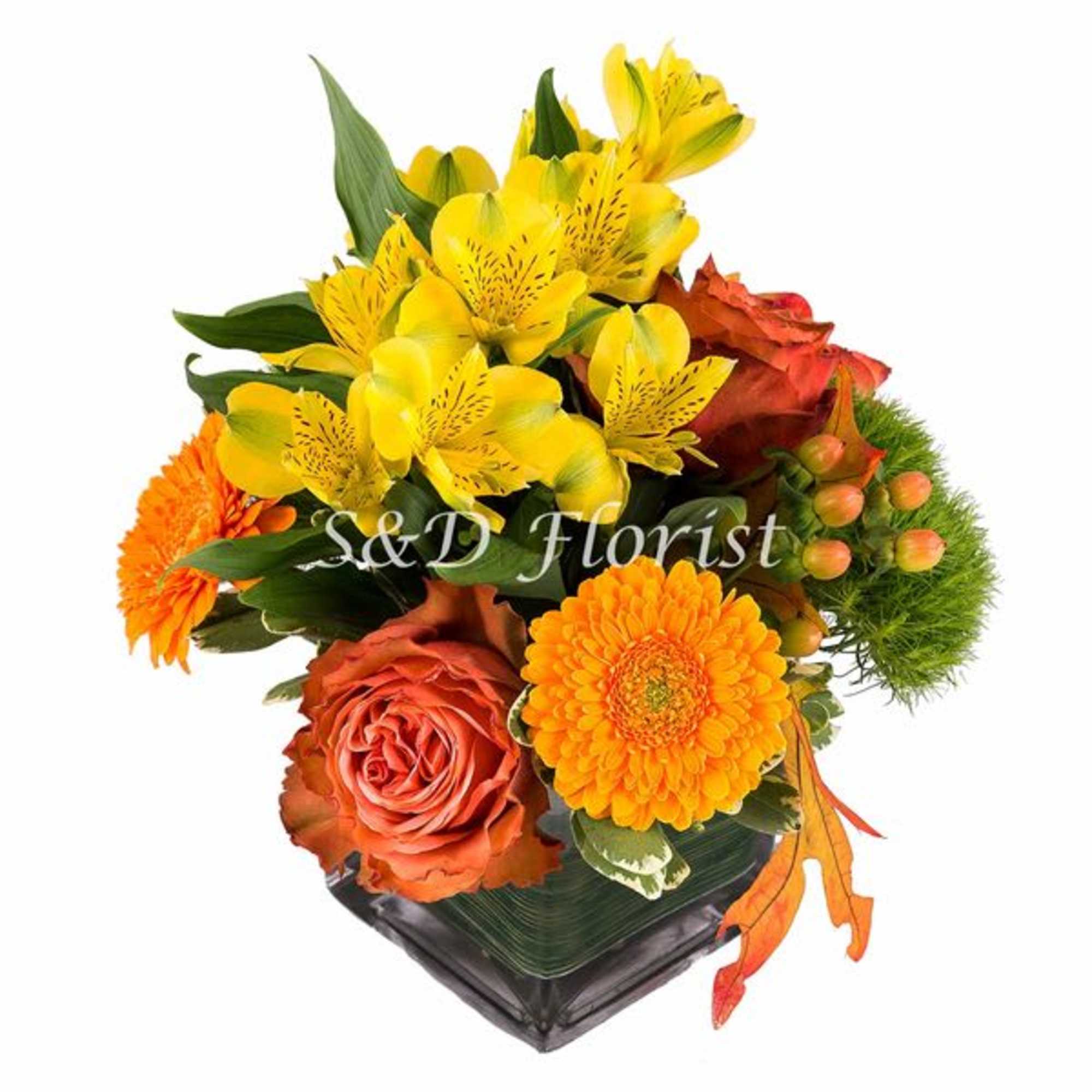 Bouquet of yellow alstroemeria, orange gerbera daisies, and roses