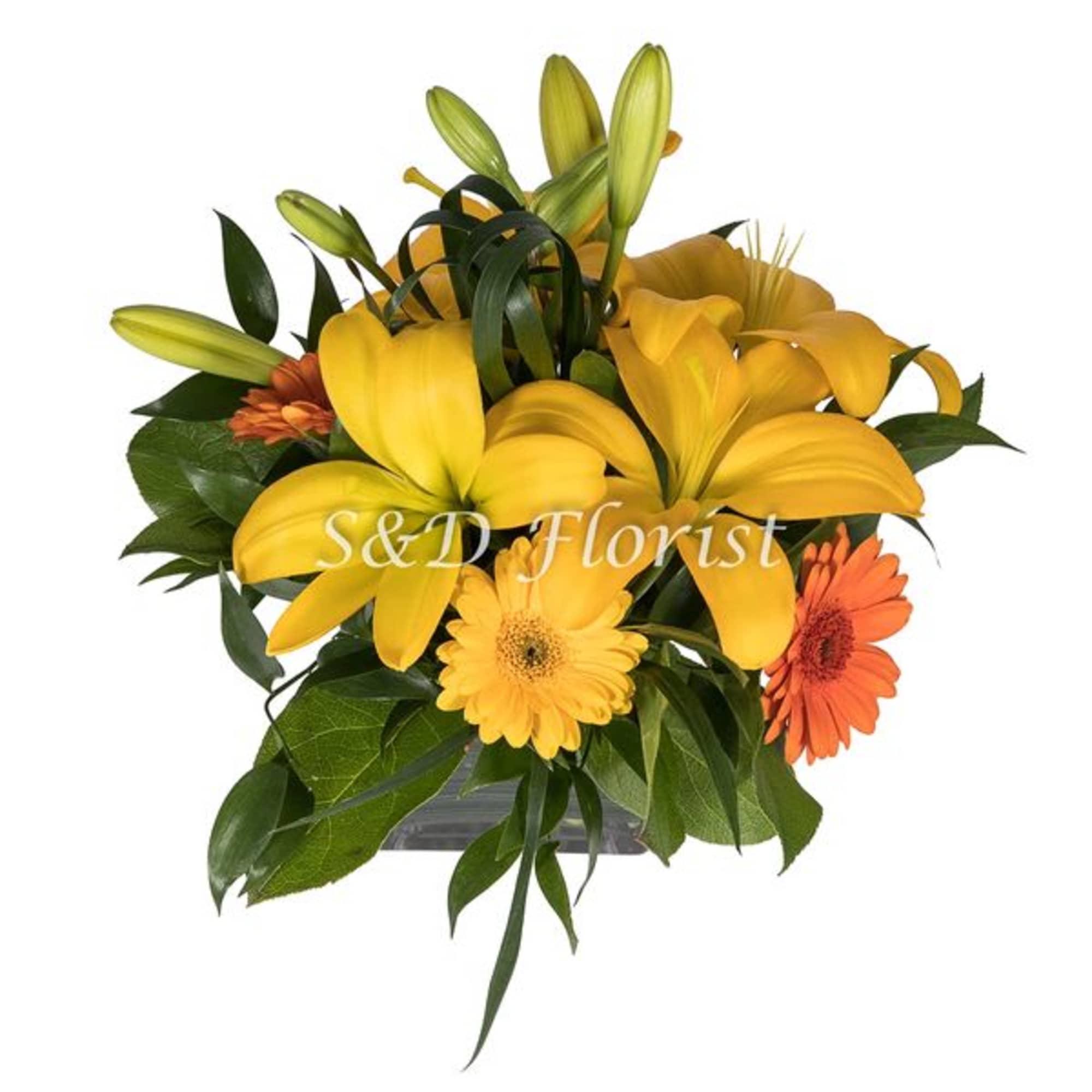 Yellow lilies and orange daisies in a compact bouquet