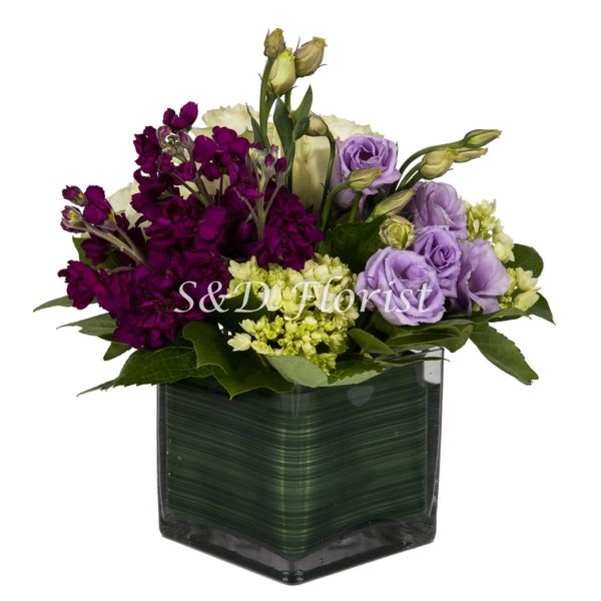 Purple and white flowers arranged in a square glass vase