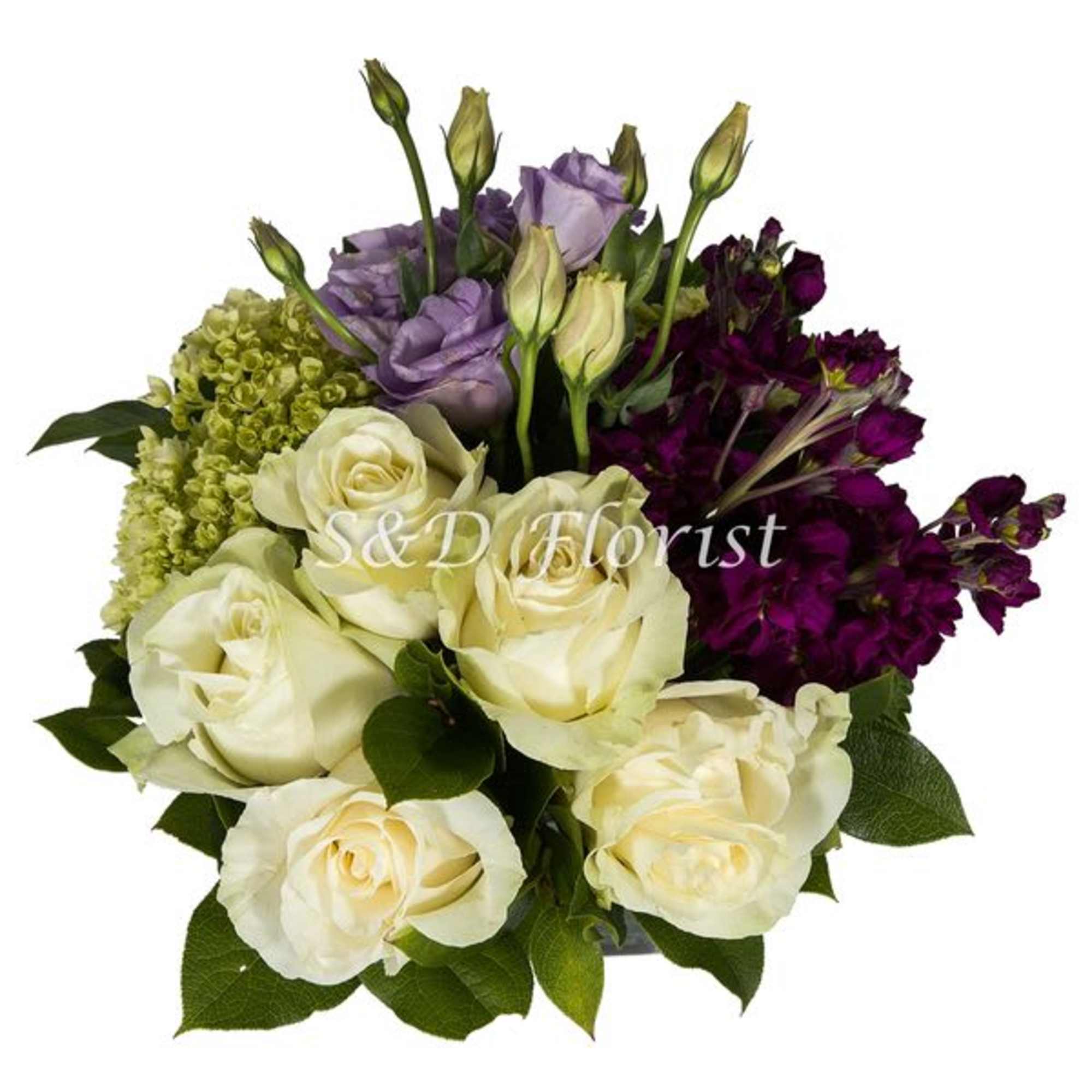 Bouquet of white and lavender roses with purple filler flowers