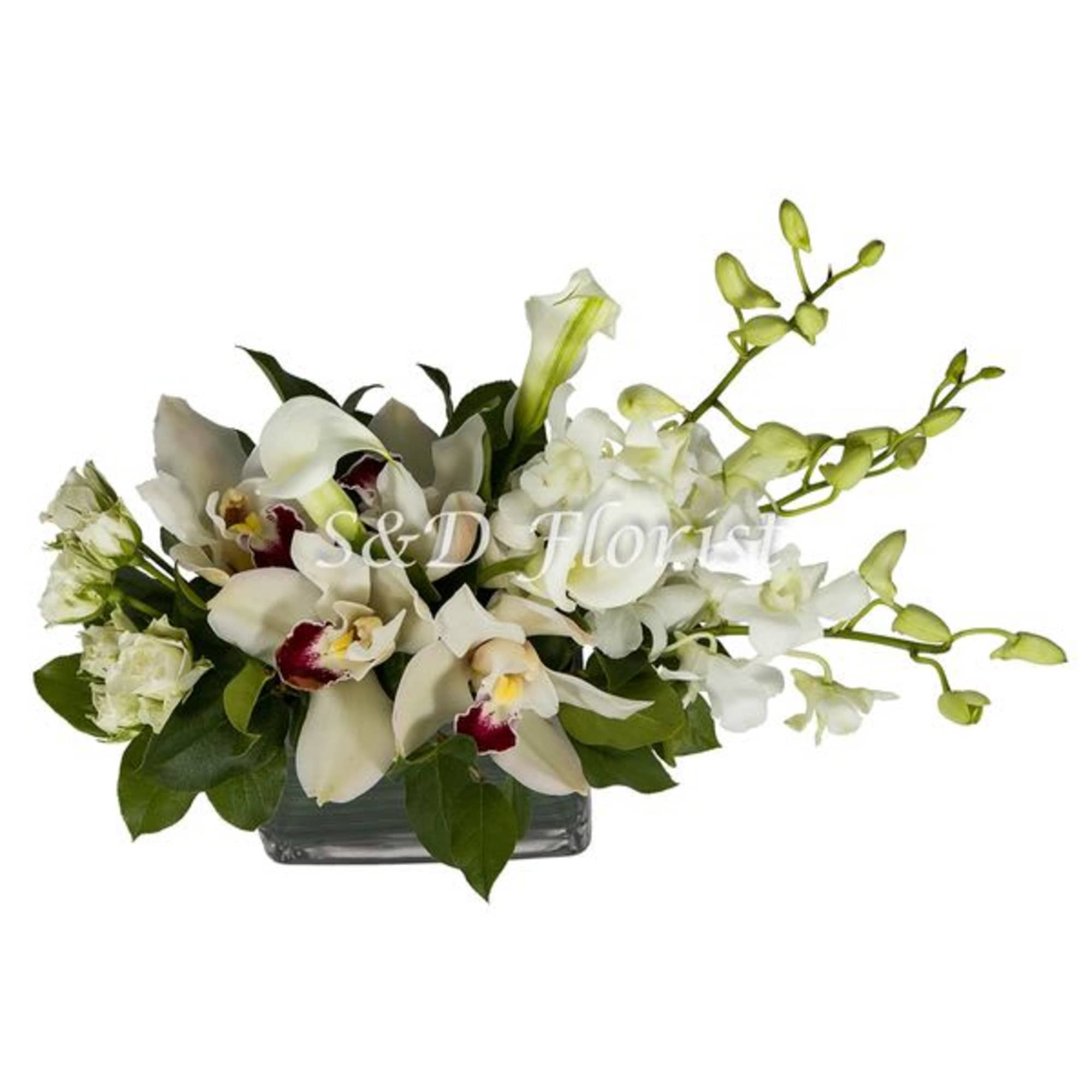 White orchids and calla lilies in a low glass vase