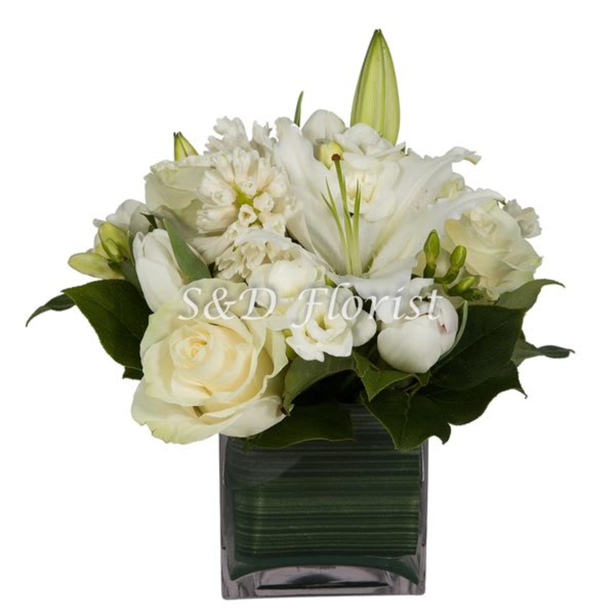 White floral arrangement in a square glass vase, photo 2 of 3