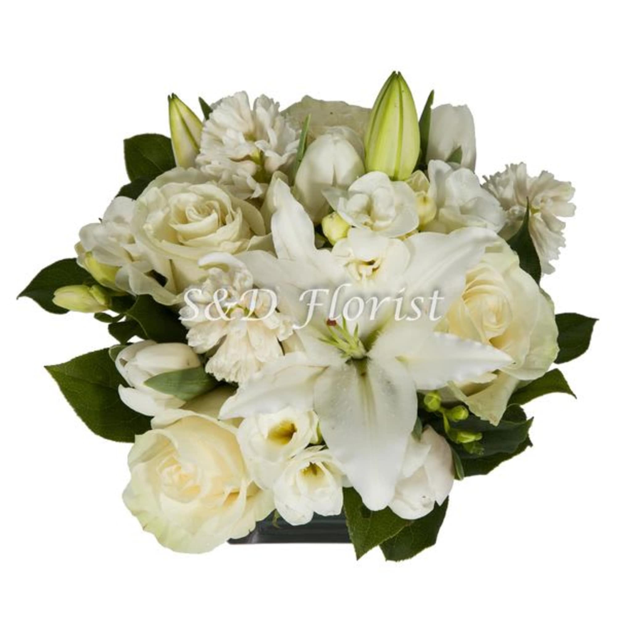White floral bouquet with roses and lilies