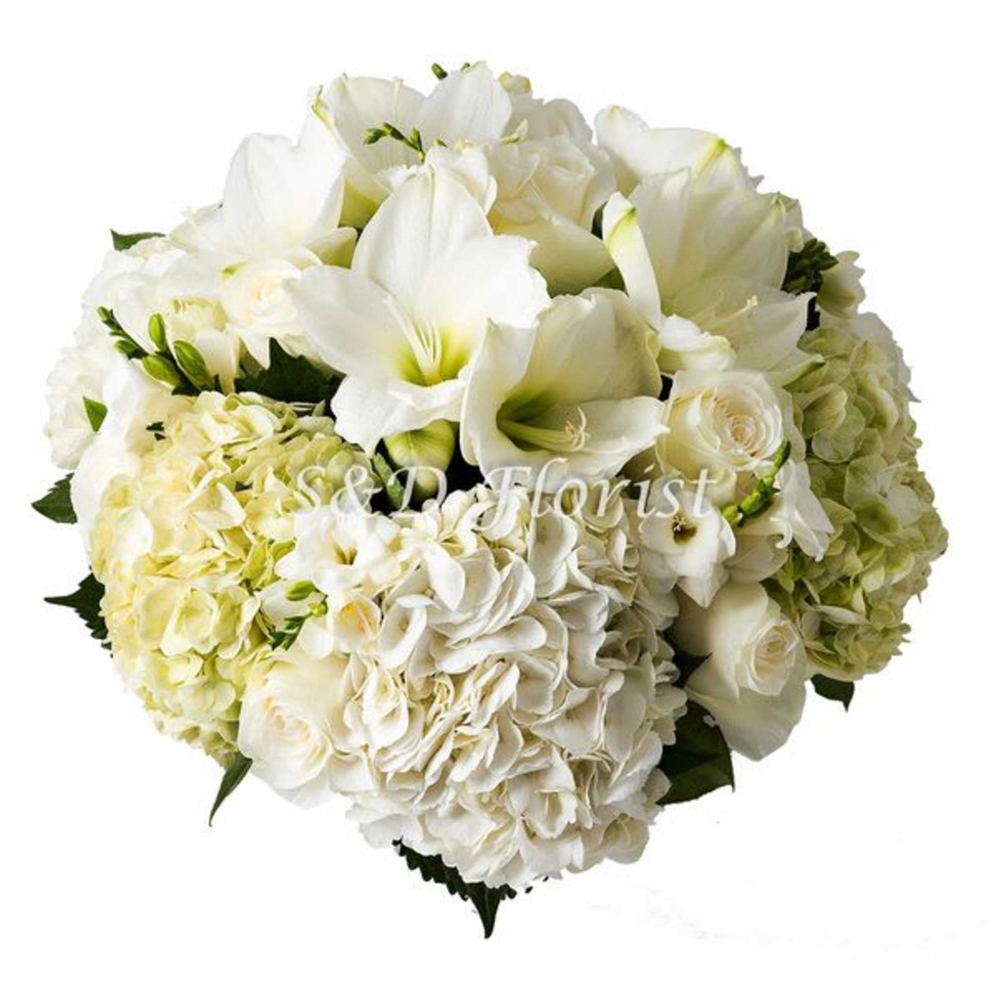 White floral bouquet with hydrangeas, roses, and lilies