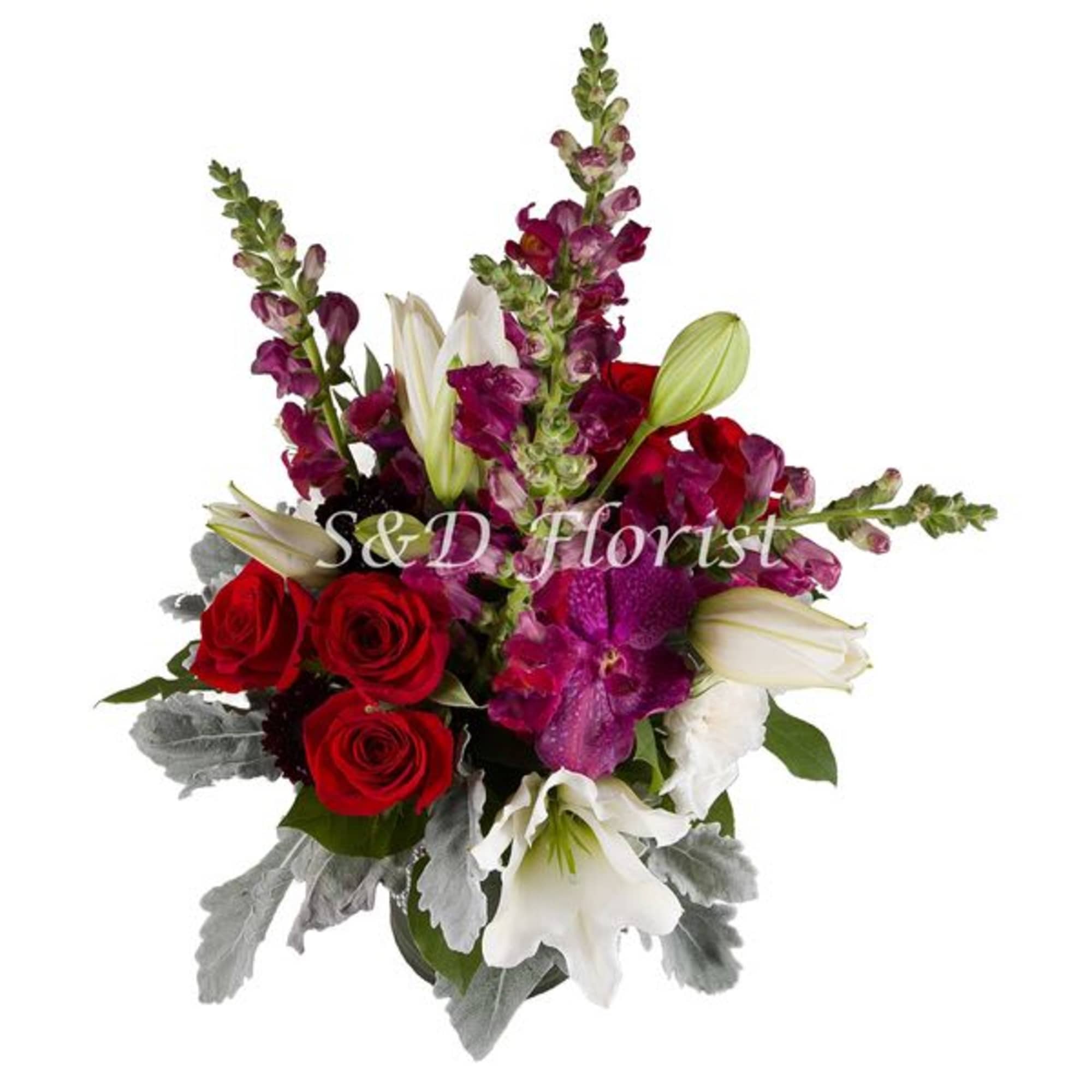 Red roses and white lilies with purple flowers in a vase