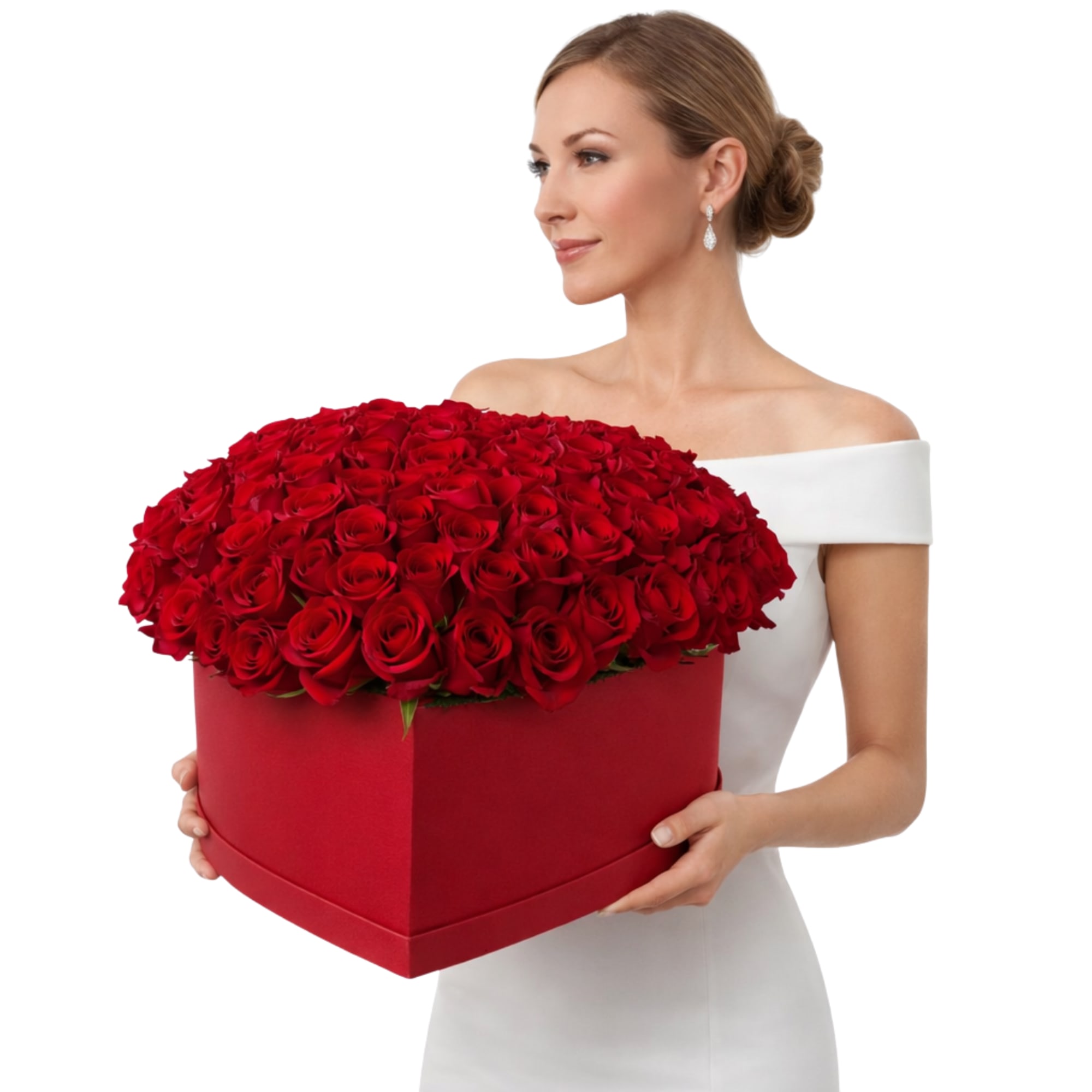 Woman holding a large red heart-shaped box filled with red roses