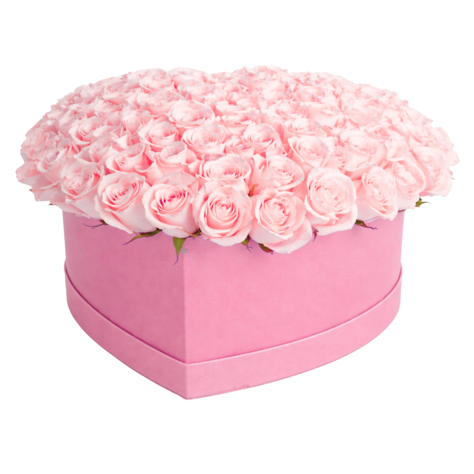 Heart-shaped pink box filled with pale pink roses