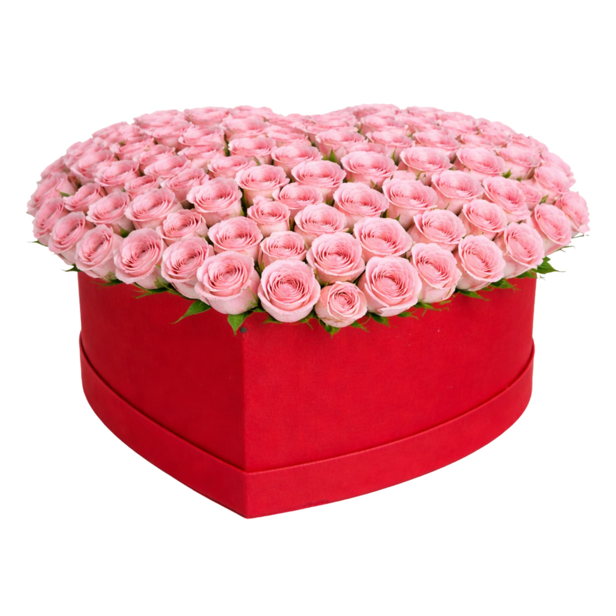 Heart-shaped red box filled with pink roses