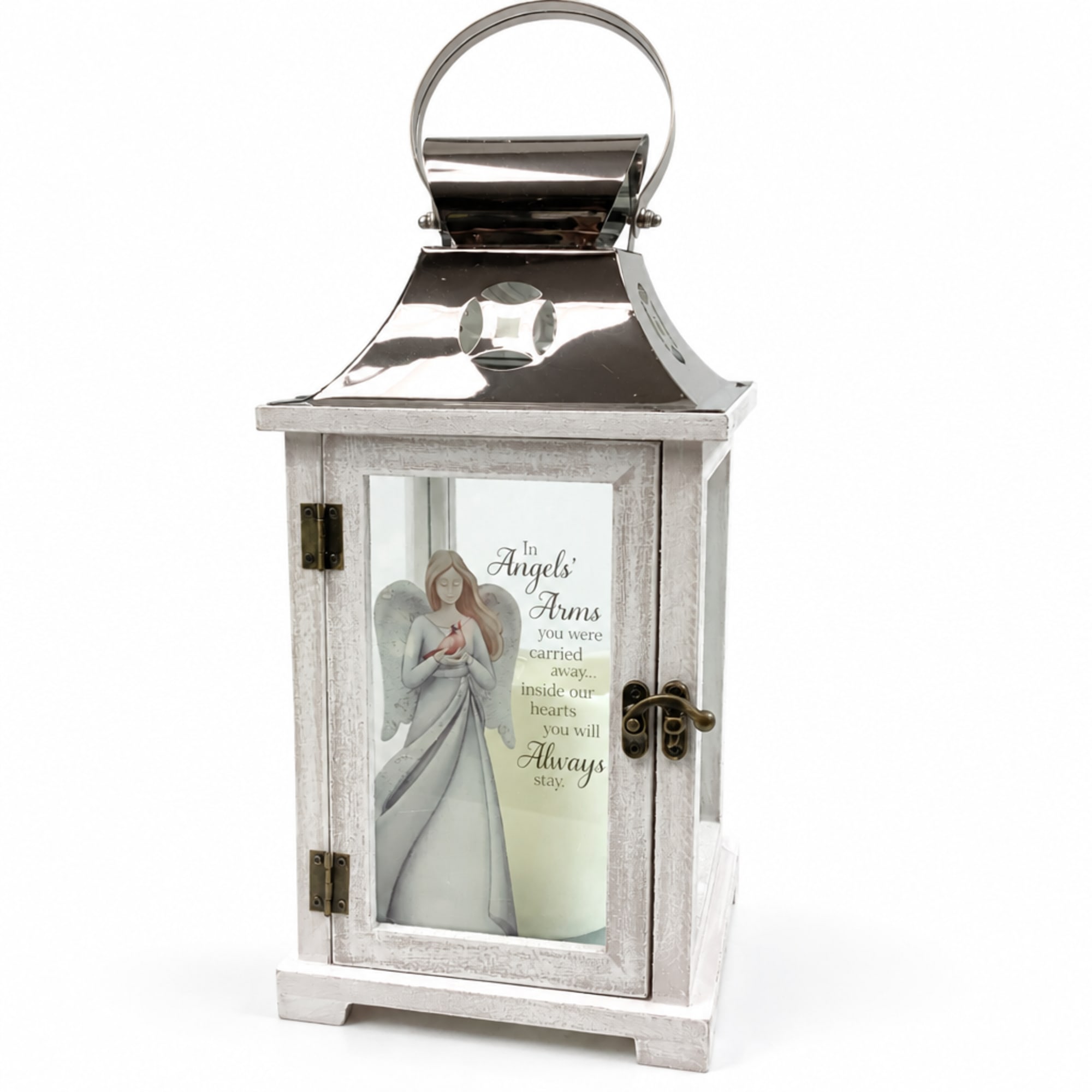 White memorial lantern with an angel illustration and text on the front
