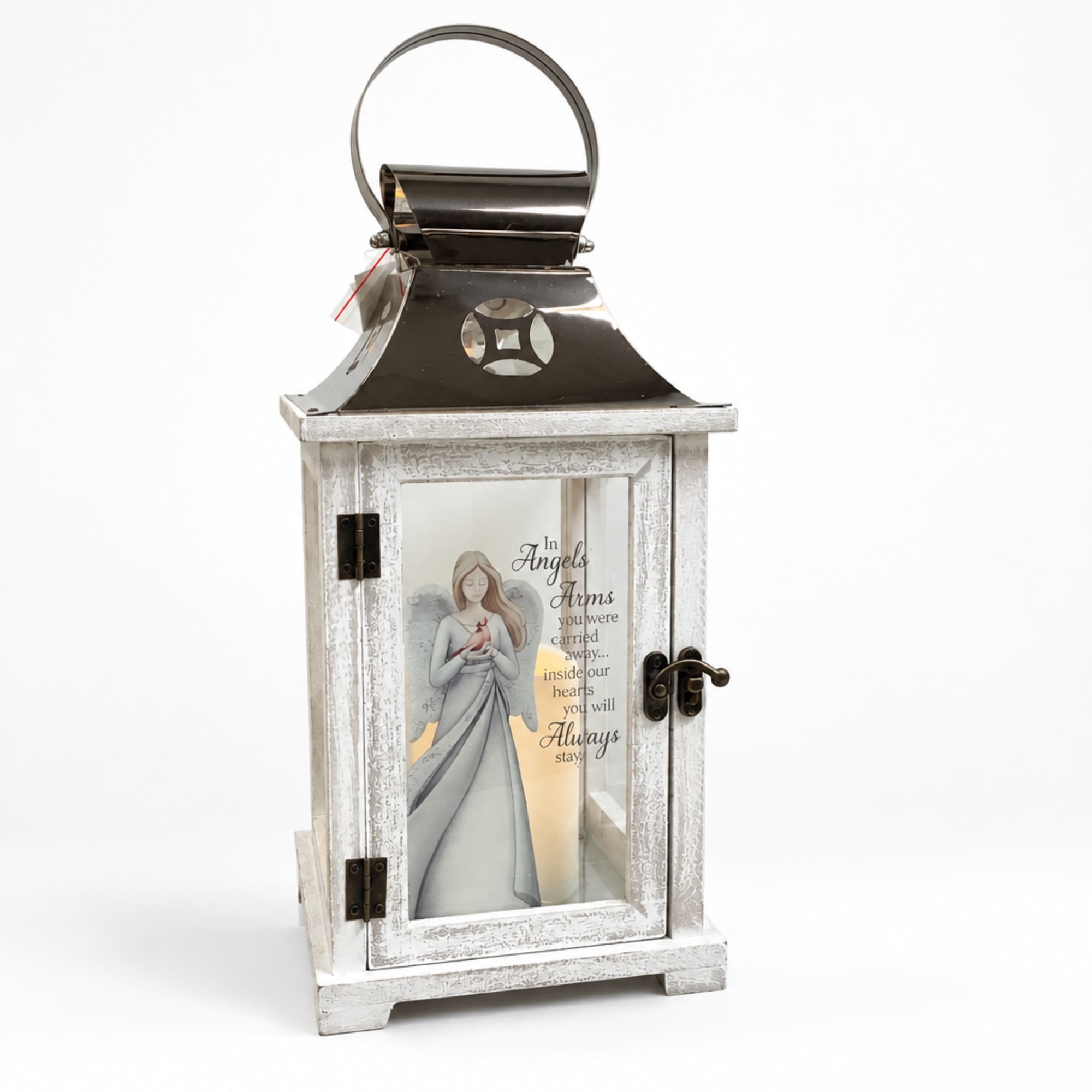 White memorial lantern with angel artwork and a metal handle