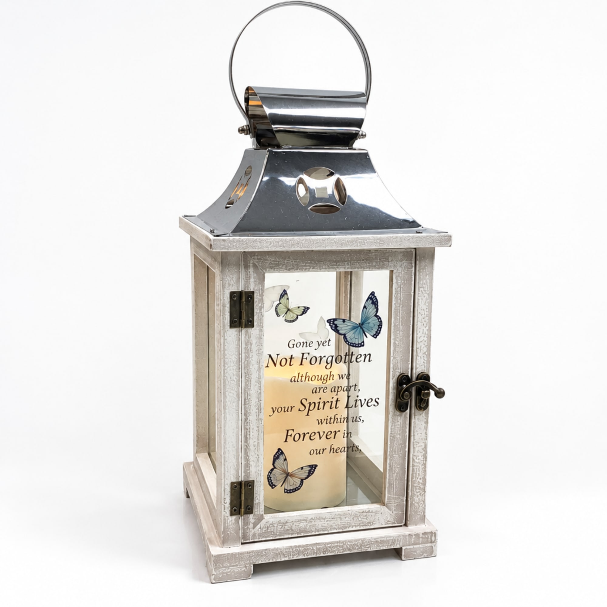 Decorative lantern with a memorial candle and butterfly design