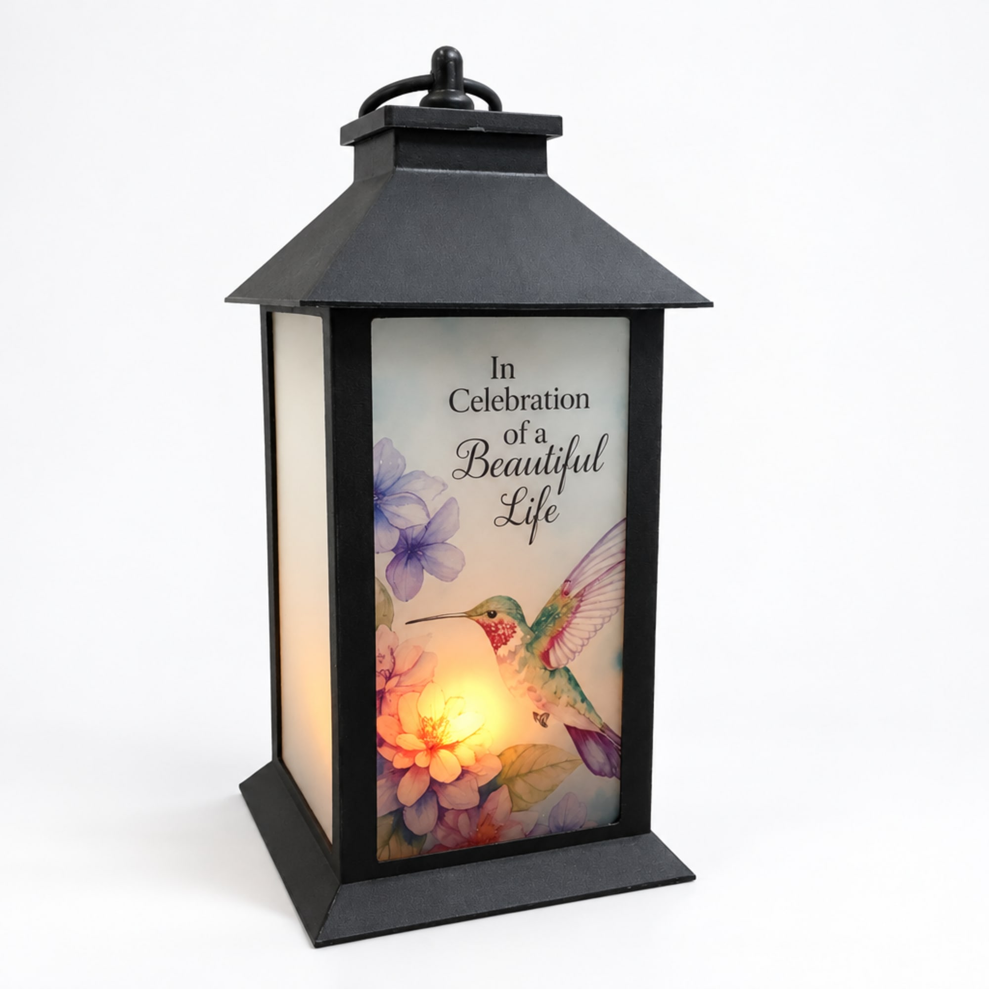 Black memorial lantern with a hummingbird and floral design