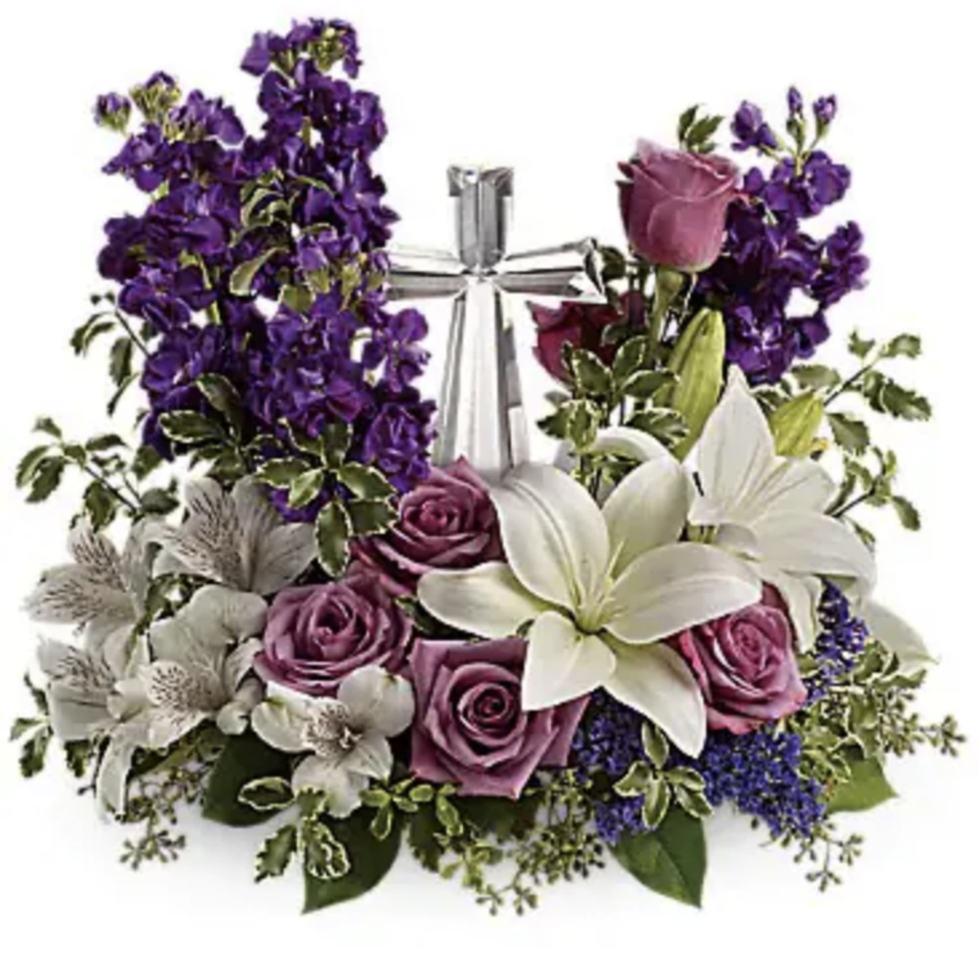 Purple and white floral arrangement with a silver gift bow