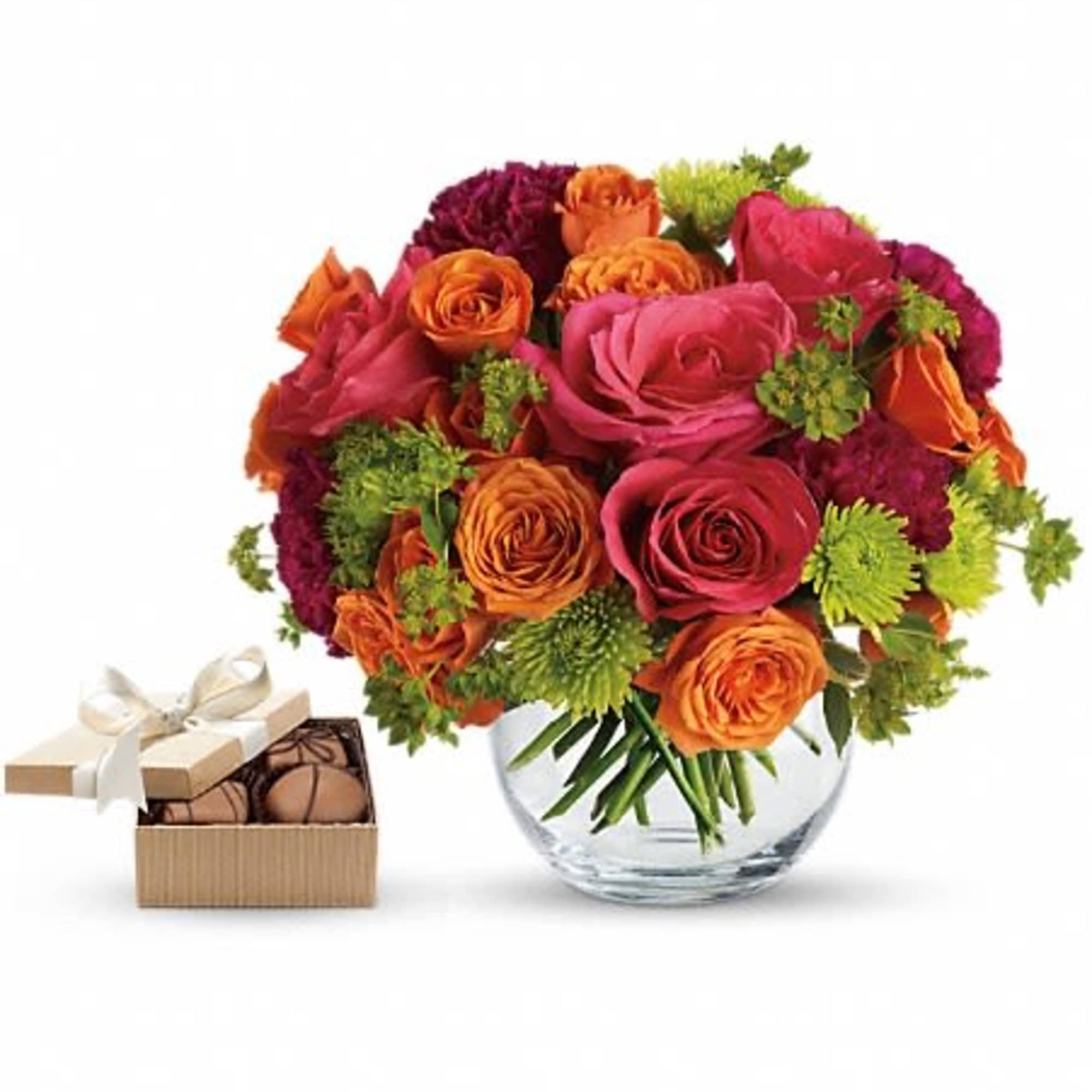 Bouquet of pink and orange roses in a glass vase with a box of chocolates, photo 2 of 3