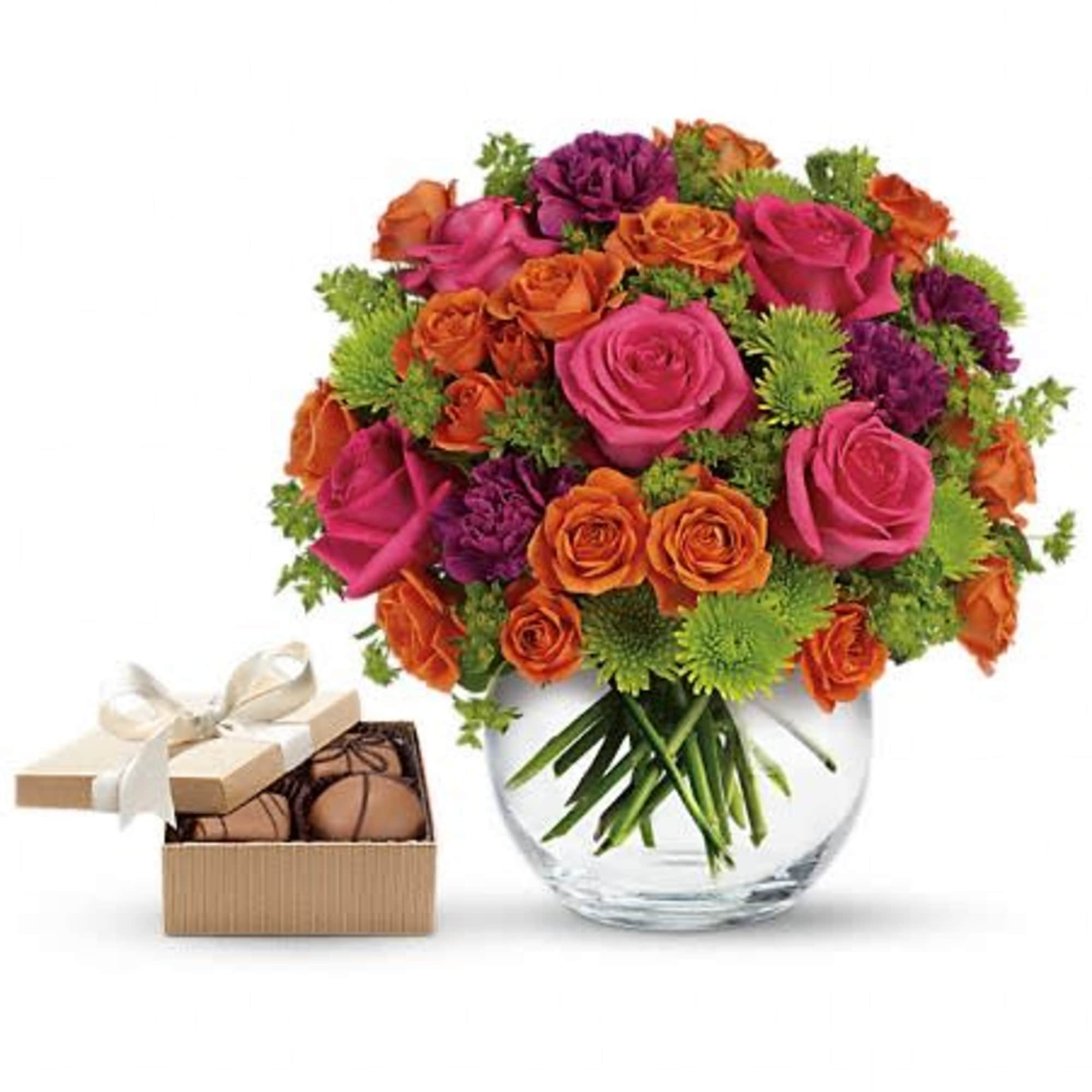 Bouquet of pink and orange roses in a glass vase with a box of chocolates, photo 3 of 3